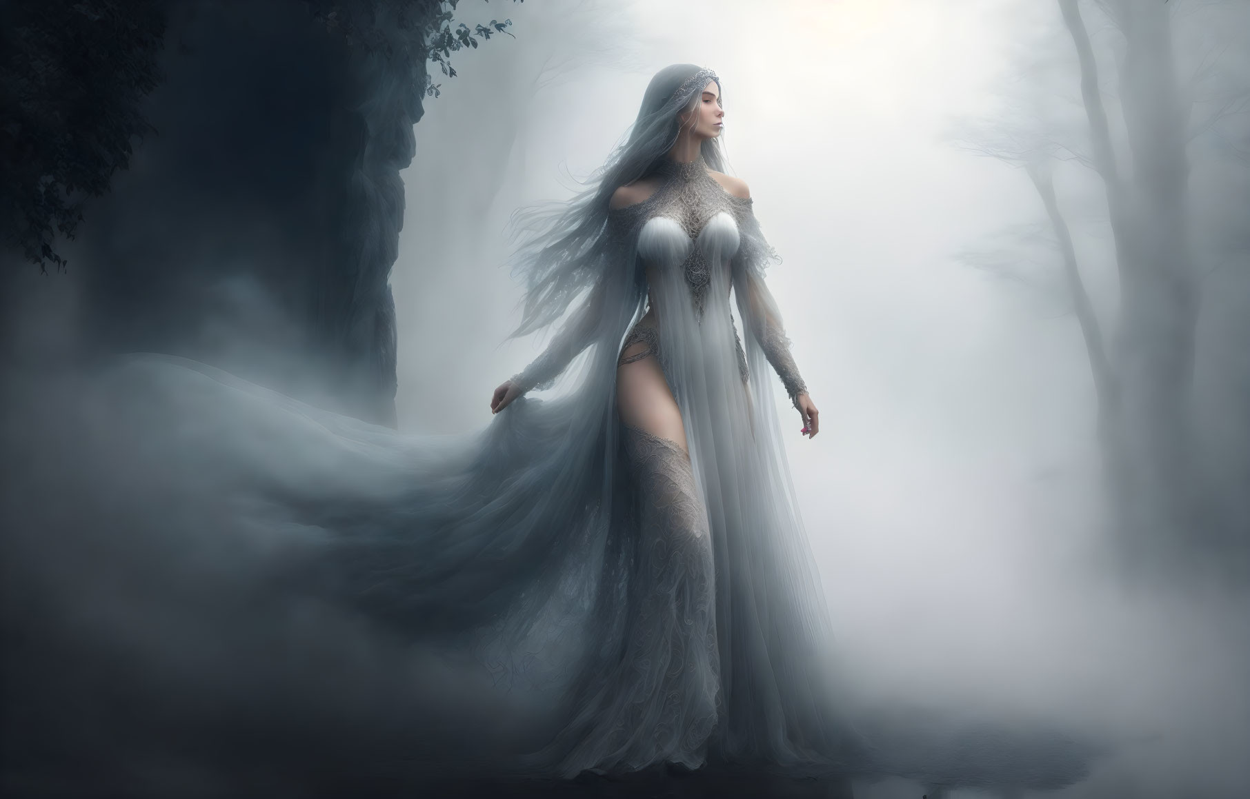 Mystical woman in white gown in foggy forest