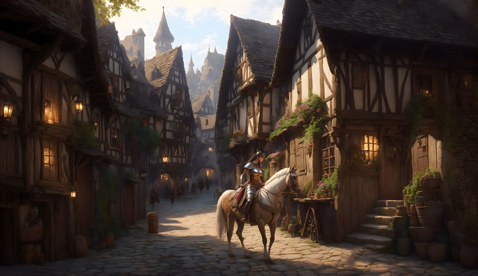 Medieval village street with timber-framed houses, rider on horseback, hanging flower baskets, and