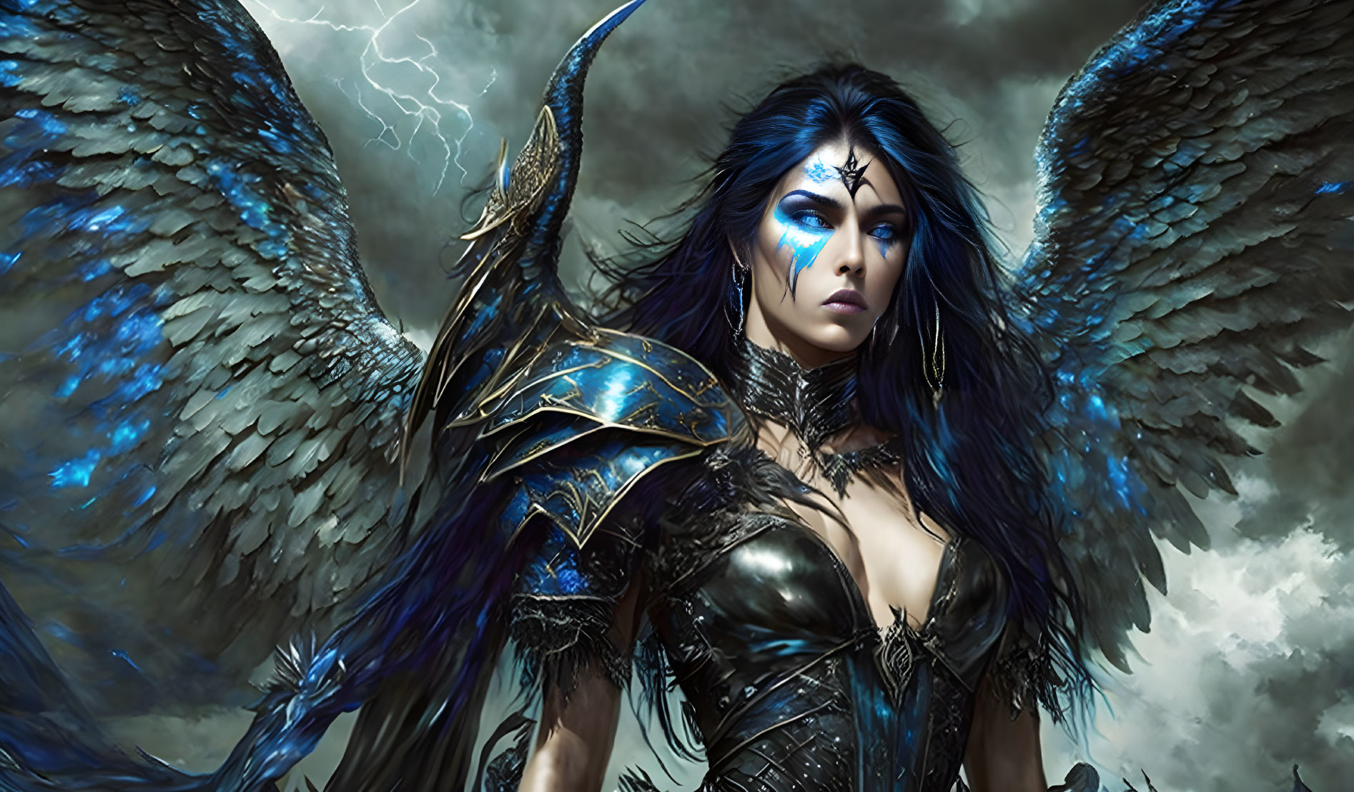 Fantasy illustration of woman with blue skin, armor, wings, stormy backdrop  | Deep Dream Generator