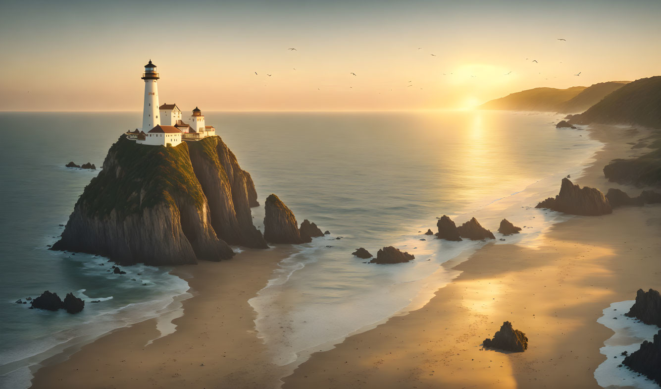 Tranquil sunset scene with lighthouse on rocky cliff by ocean