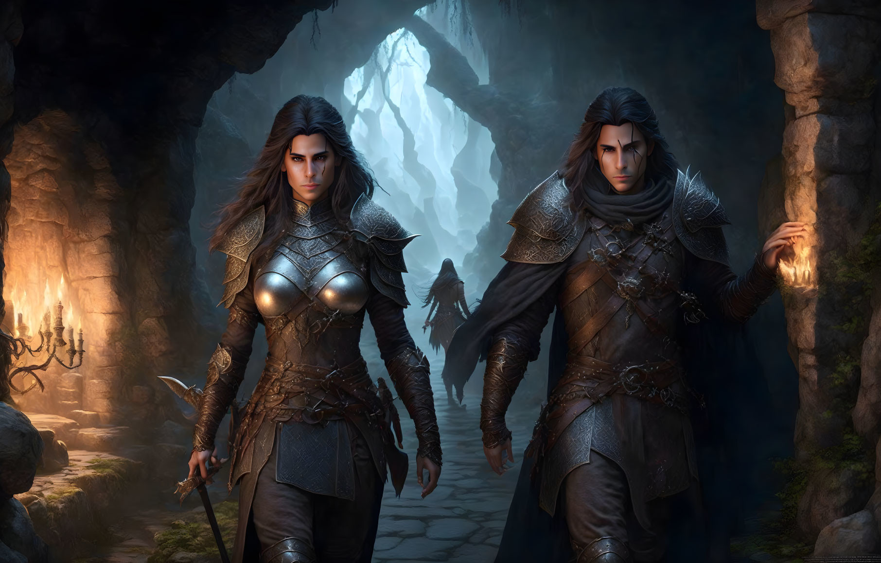 Fantasy warriors in armor exiting cave with torches and mysterious glow.