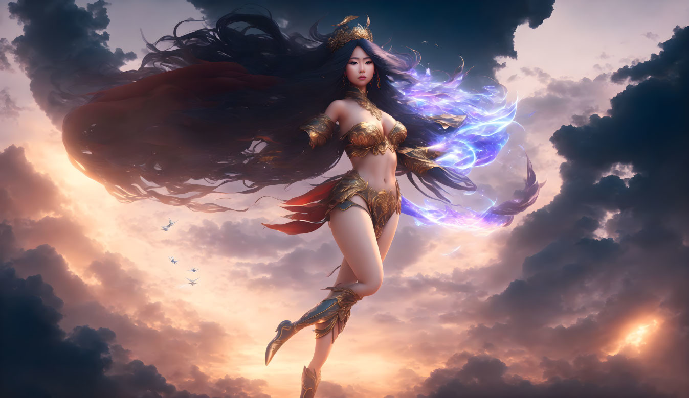 Ethereal female warrior in golden armor wields blue-purple energy