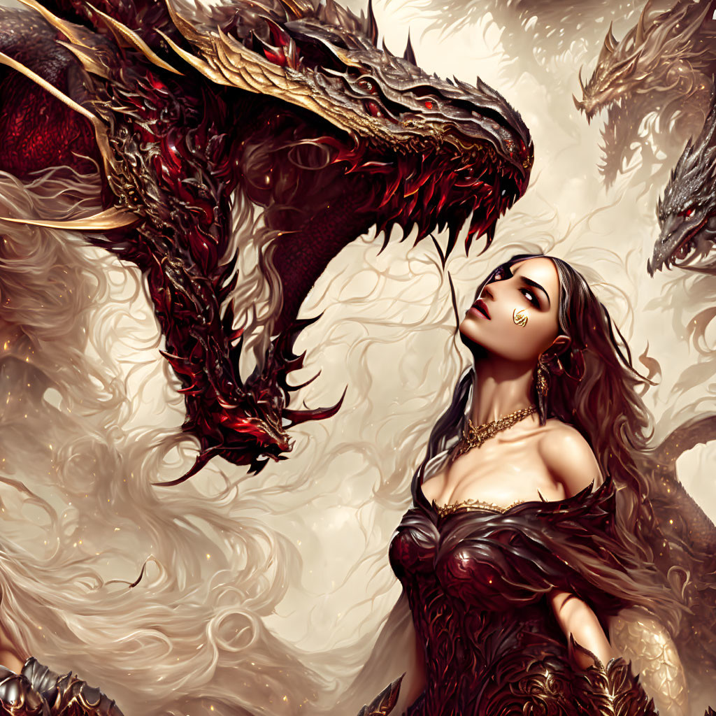 Woman in elegant dress with fearsome dragon in swirling golden hues