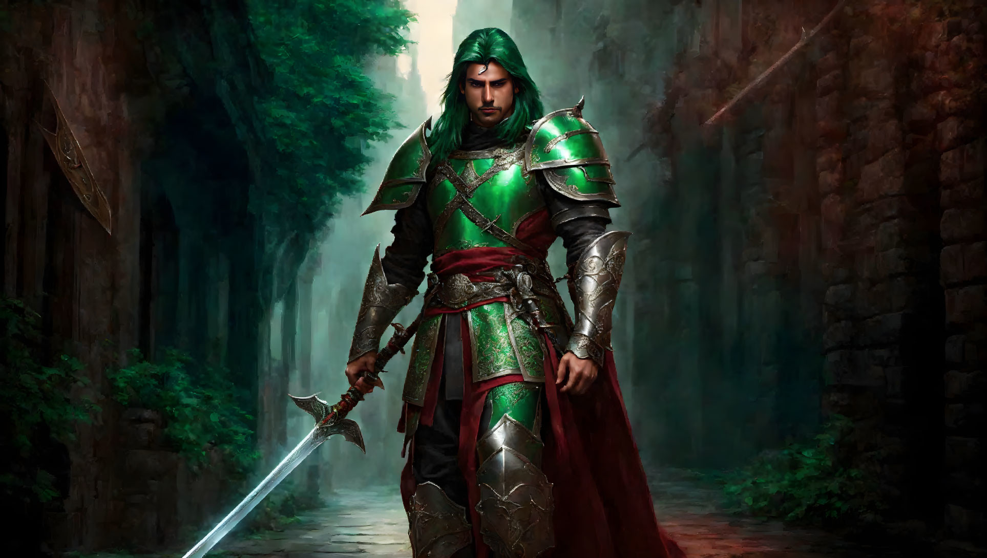 Fantasy warrior in green and silver armor wields glowing sword in forested alley