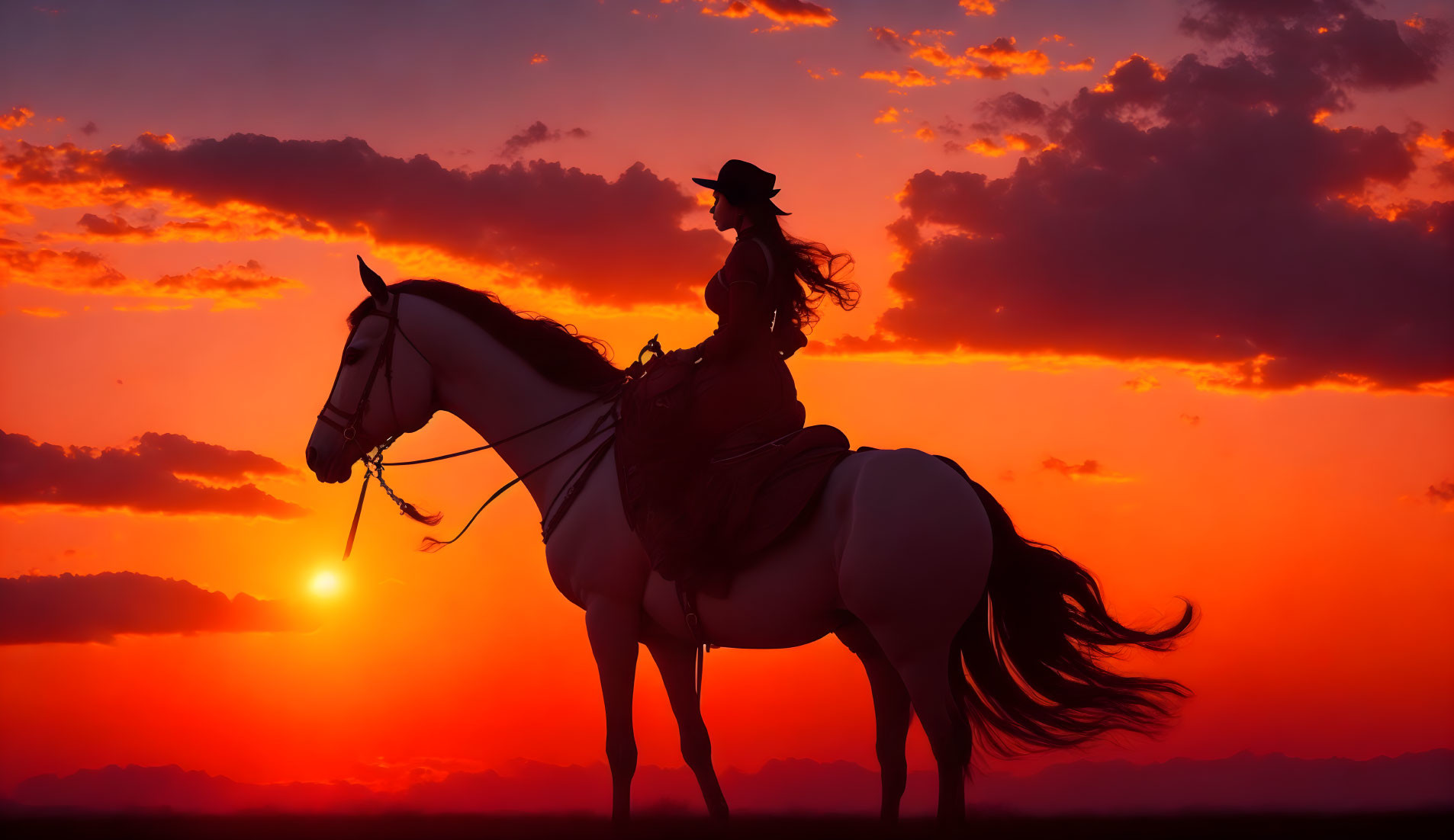 Silhouetted rider on horseback against vibrant sunset and mountains.