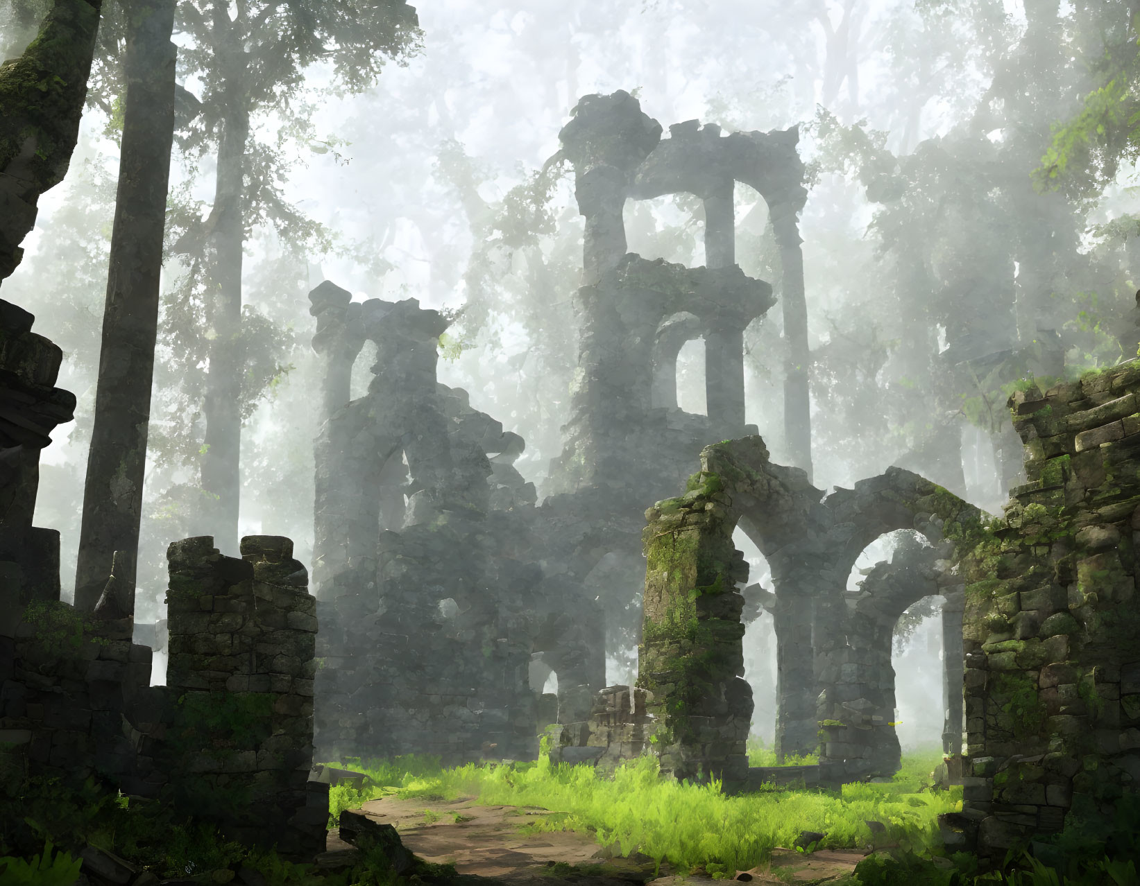 Sunlit misty forest scene with ancient ruins and overgrown stone arches.