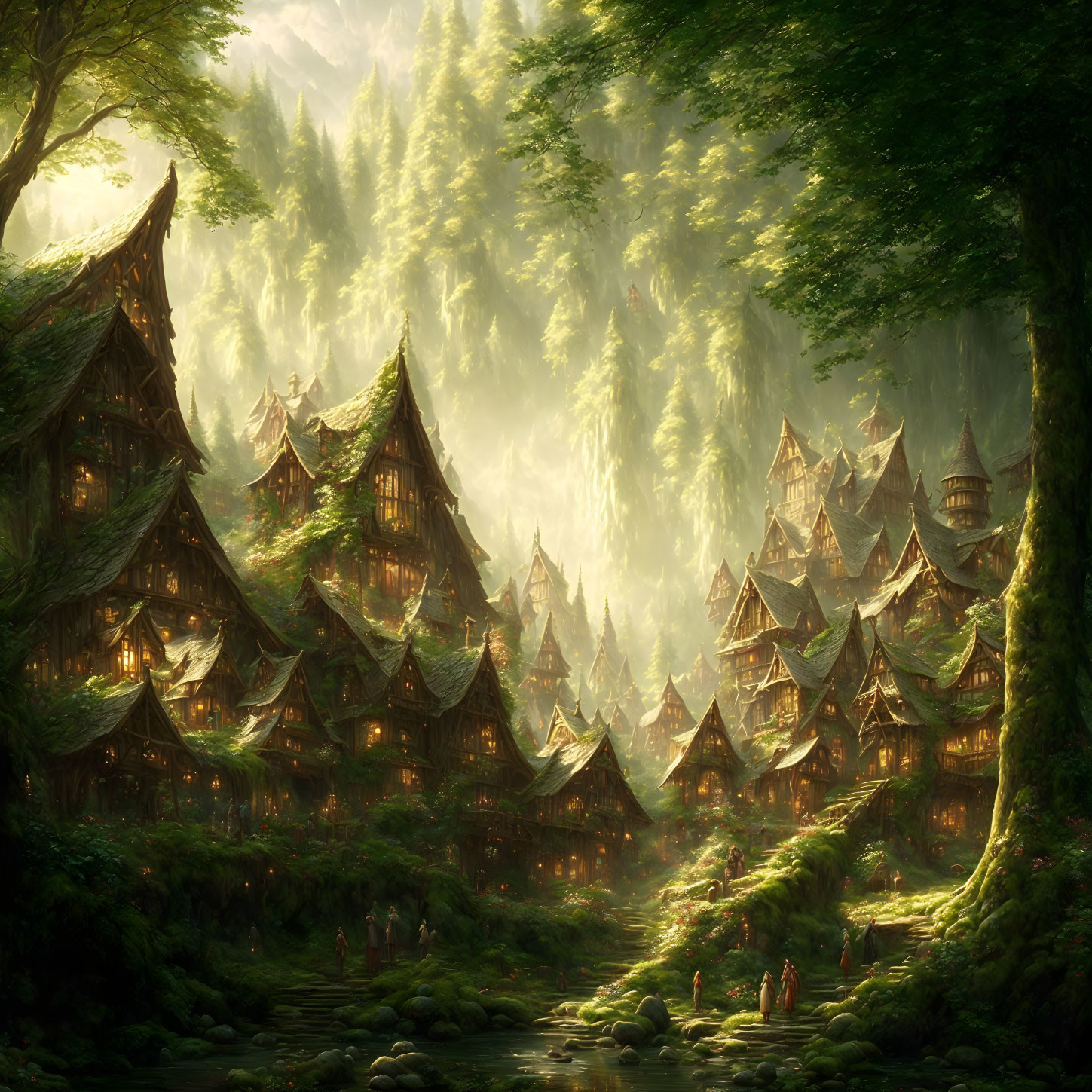 Enchanting village in mystical forest with traditional wooden houses