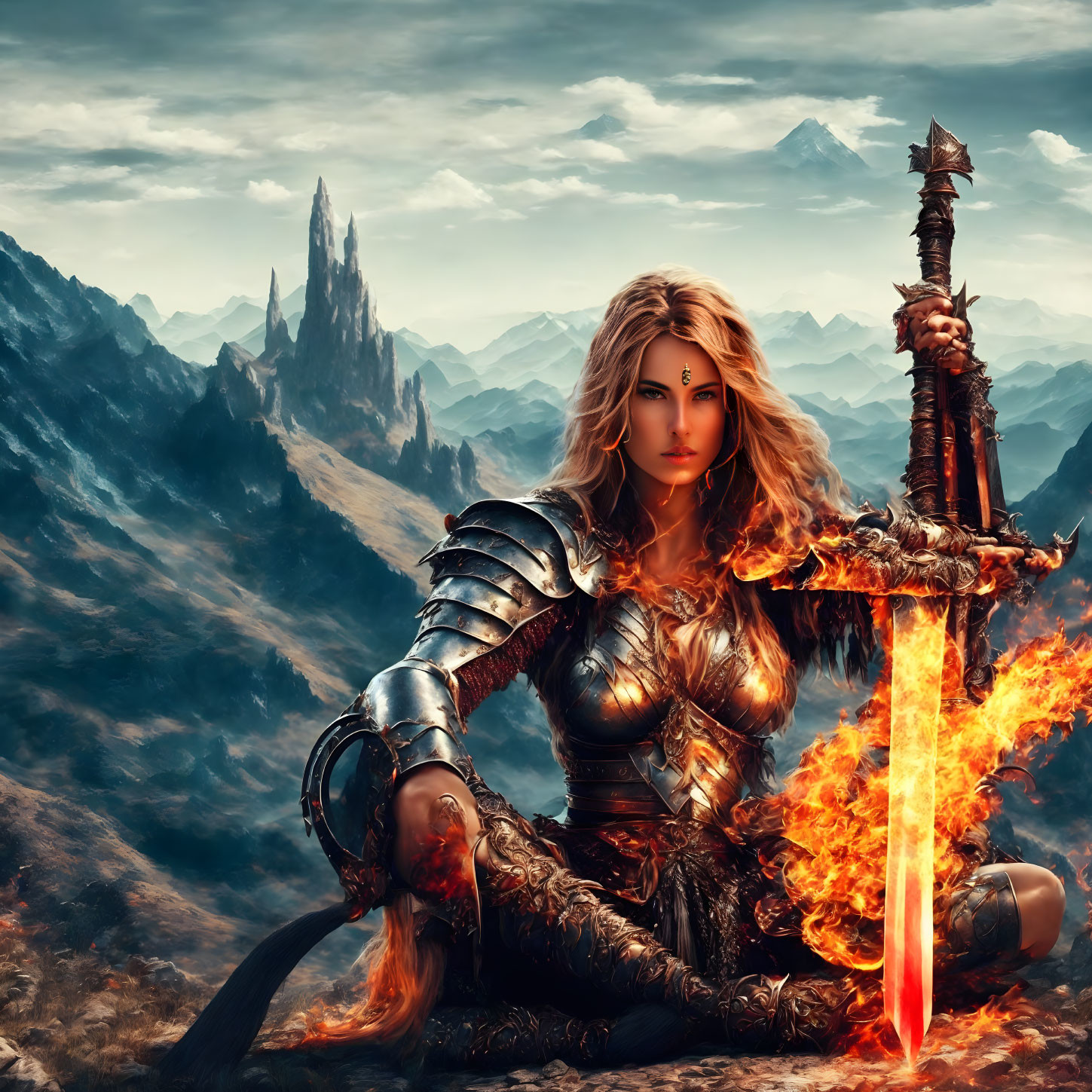 Female warrior in armor with flaming sword against mountainous backdrop