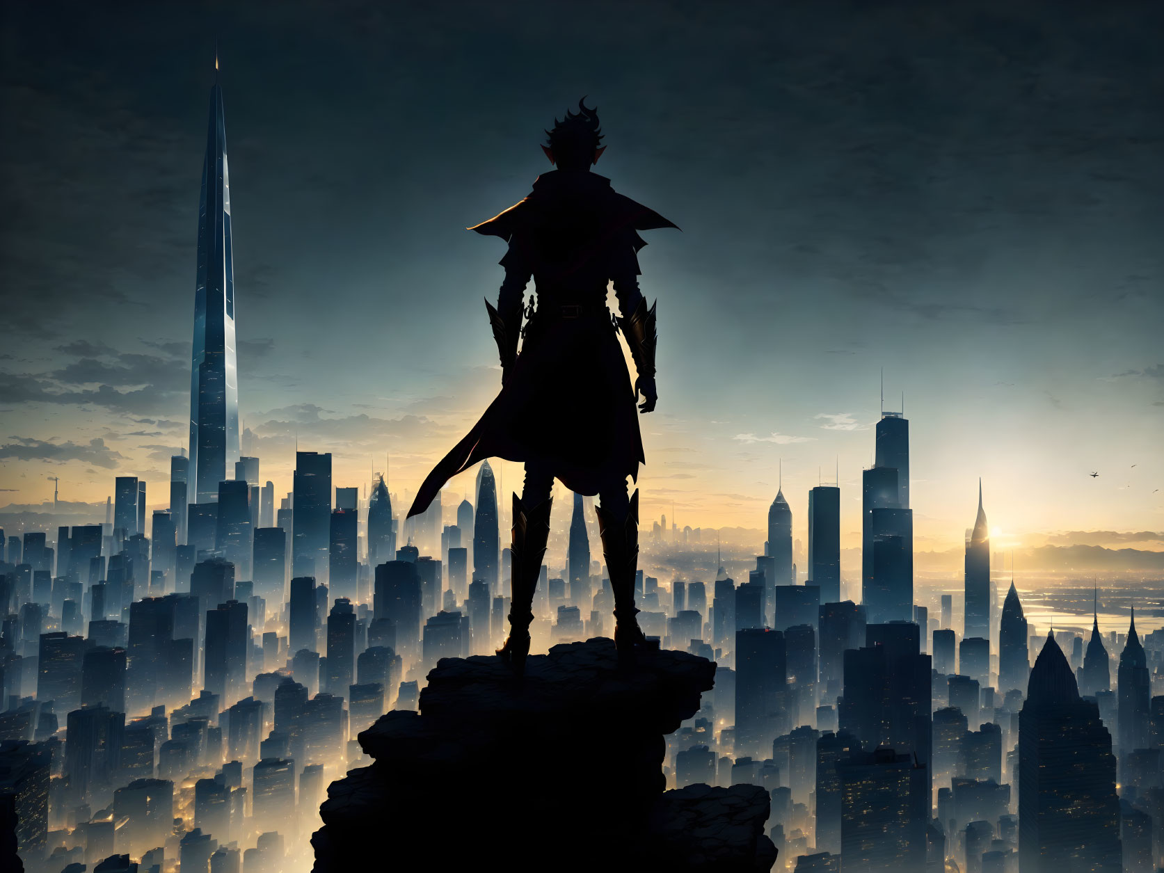 Silhouette of person on rock with futuristic cityscape at twilight