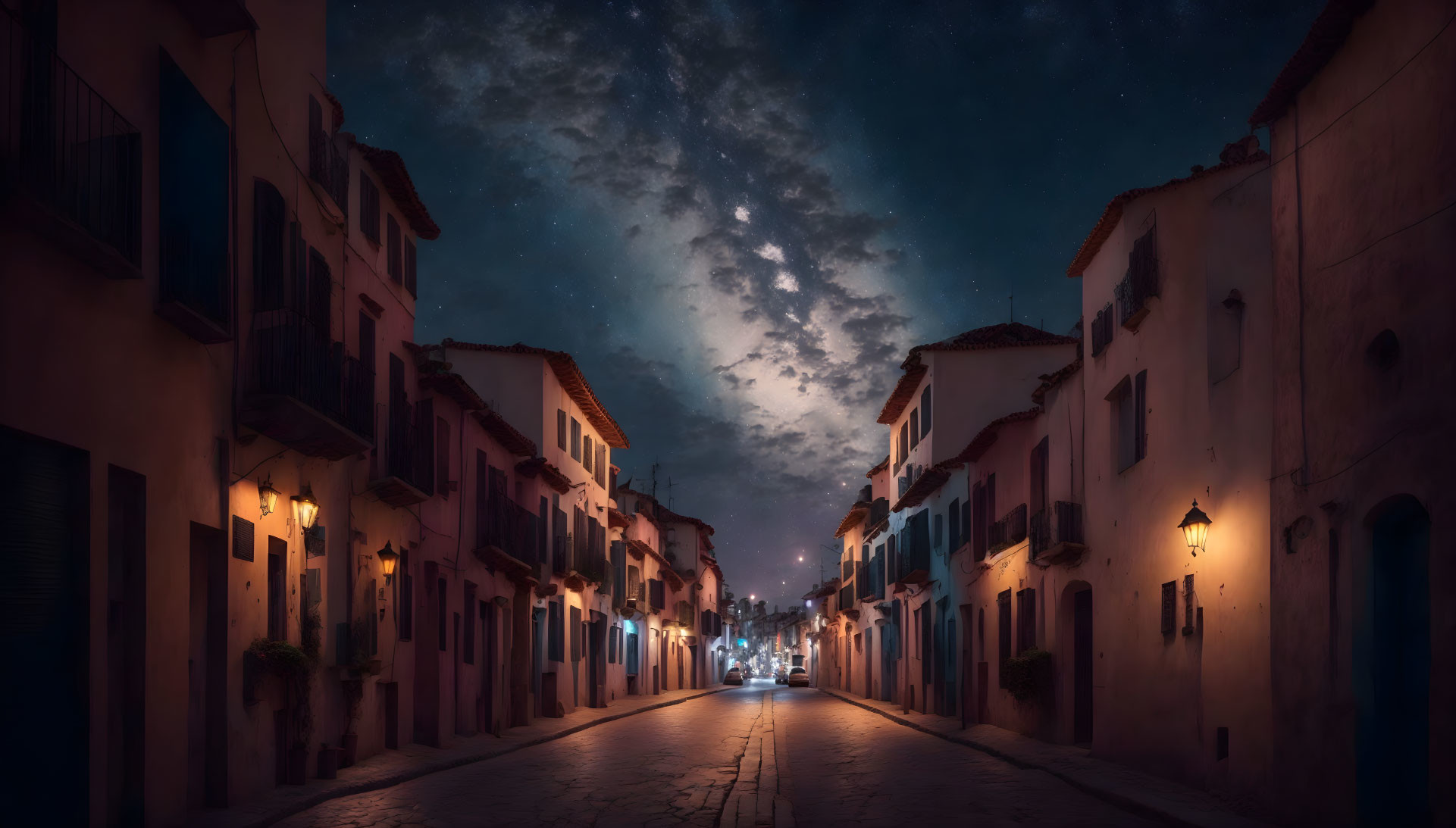 European Street Night Scene: Ancient Architecture and Starry Sky