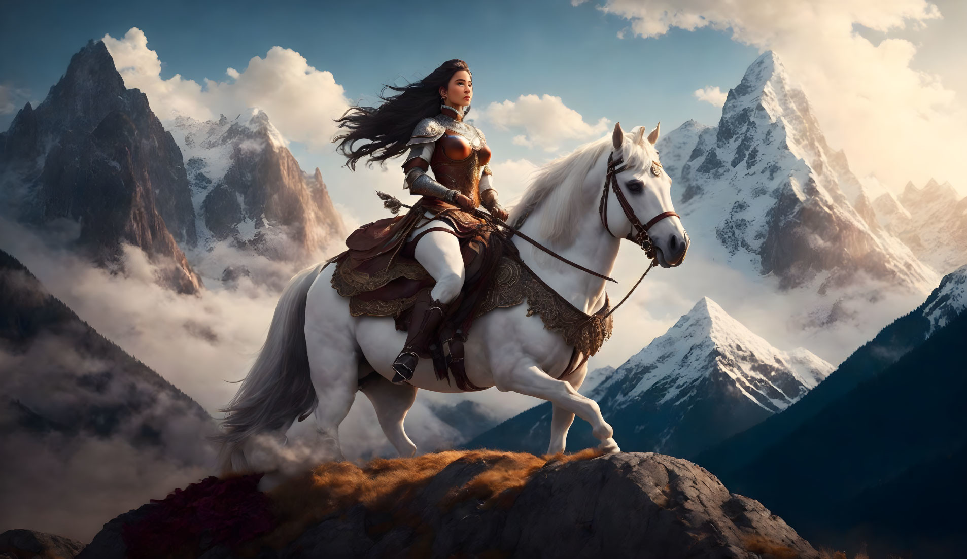 Female warrior in armor on white horse in mountain landscape