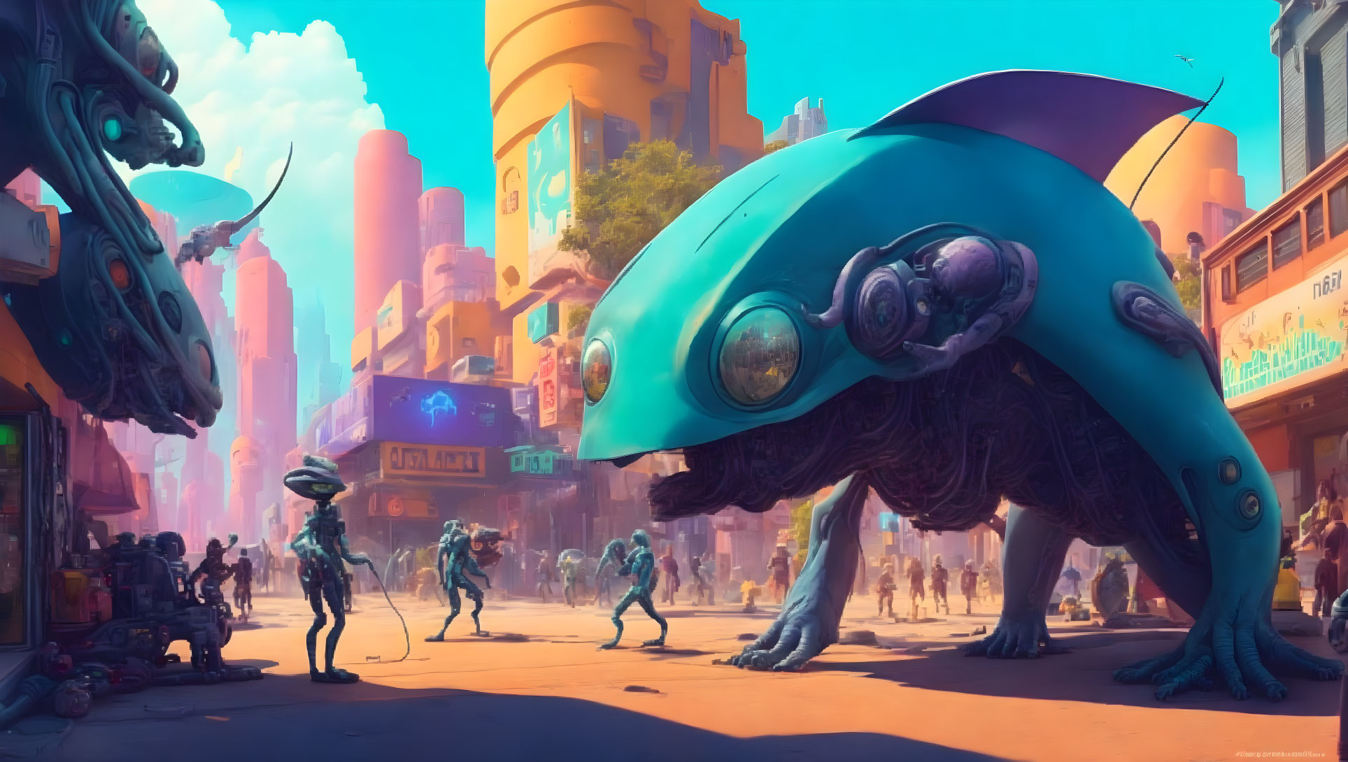 Colorful futuristic street scene with alien creatures and humanoid beings in vibrant cityscape.