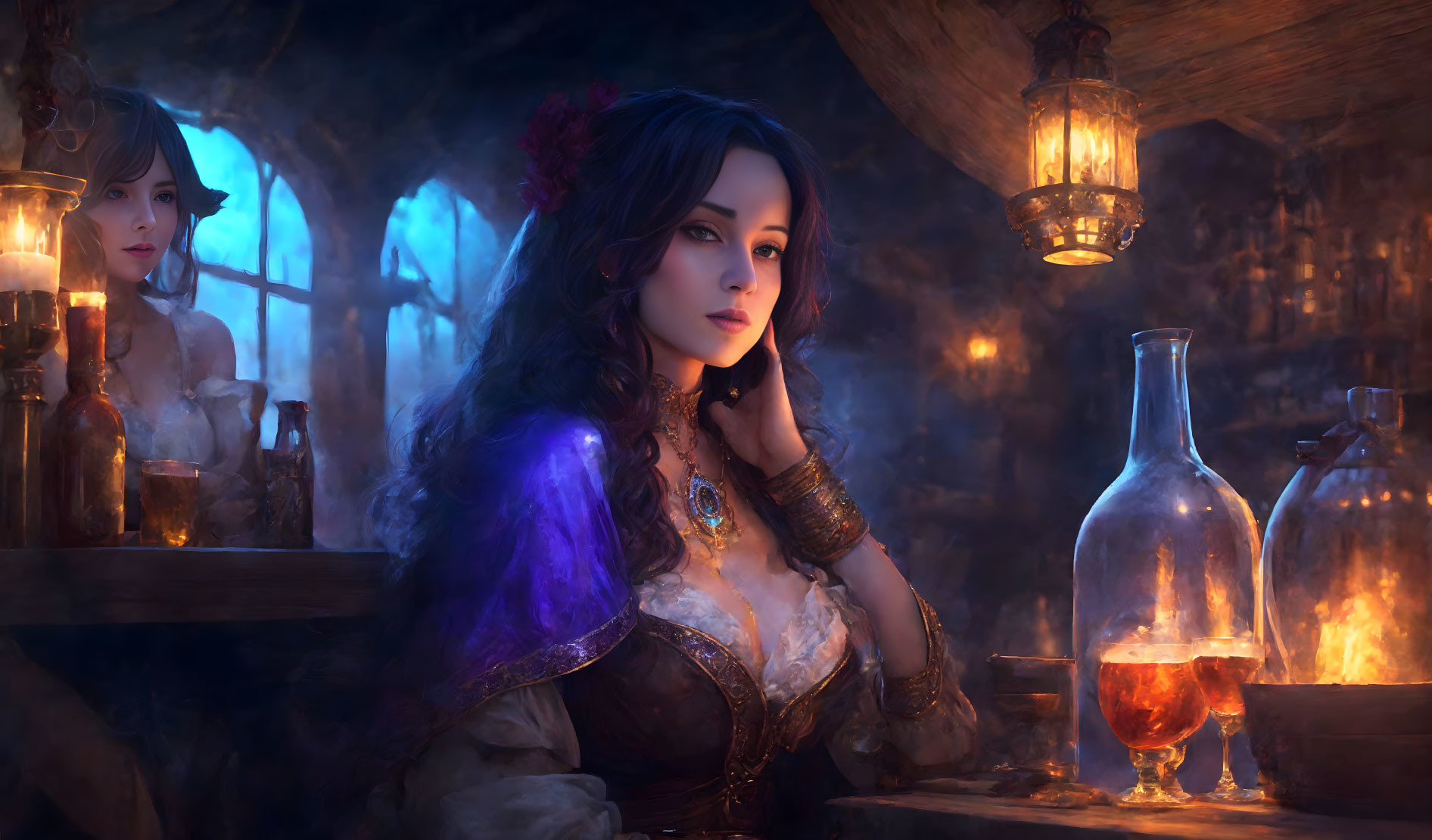 Dark-haired woman in vibrant clothing with potions at table, gazing wistfully.