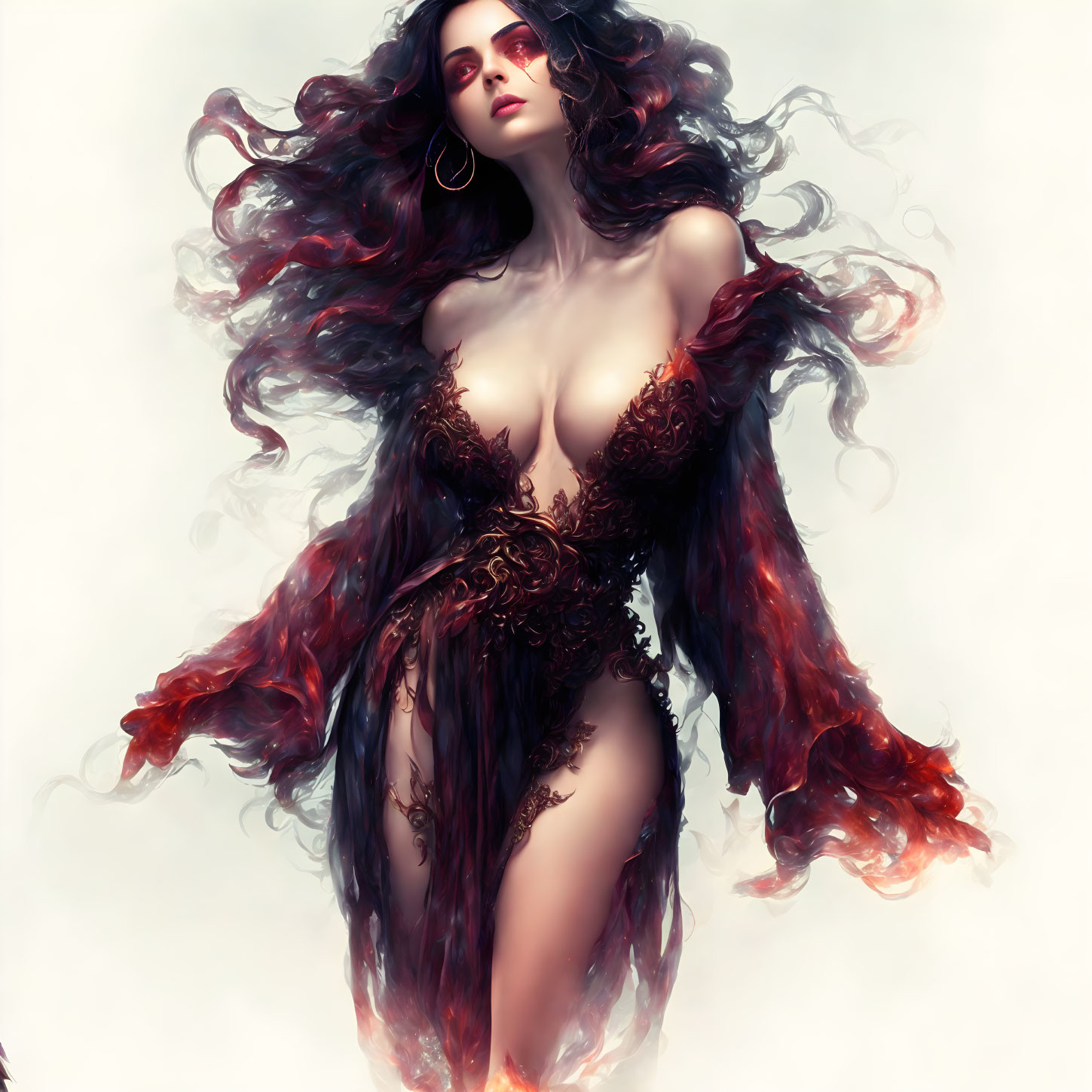 Ethereal woman with dark hair and smoke-like aura in ornate gown