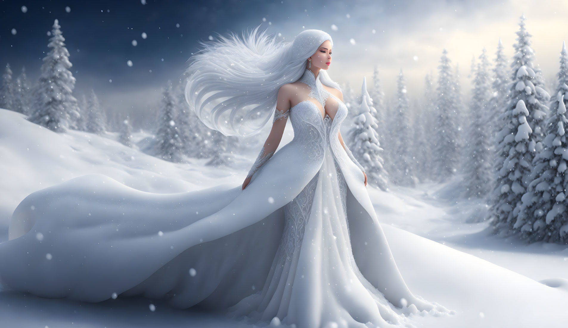 Woman with Long White Hair in Flowing Gown in Snowy Landscape