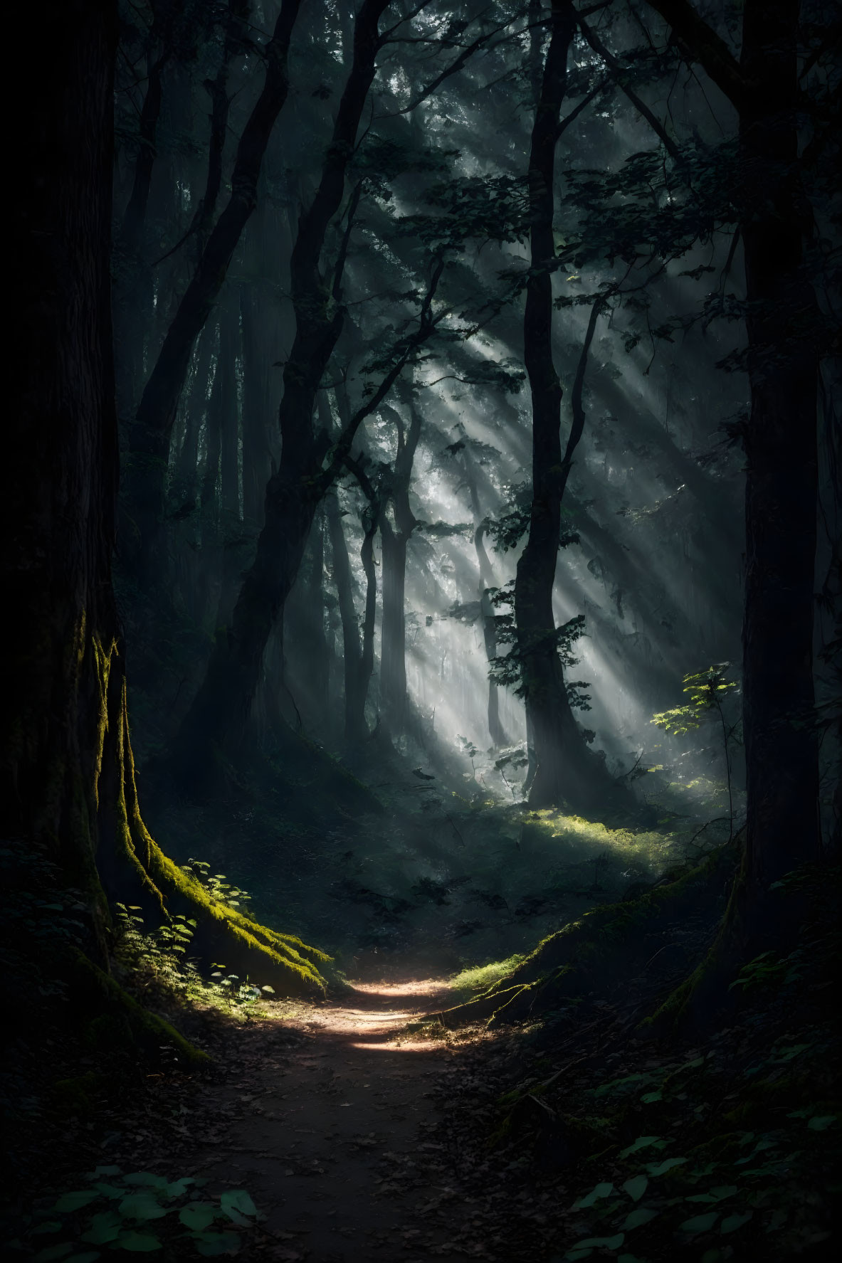 Tranquil forest path with sunlight filtering through dense foliage