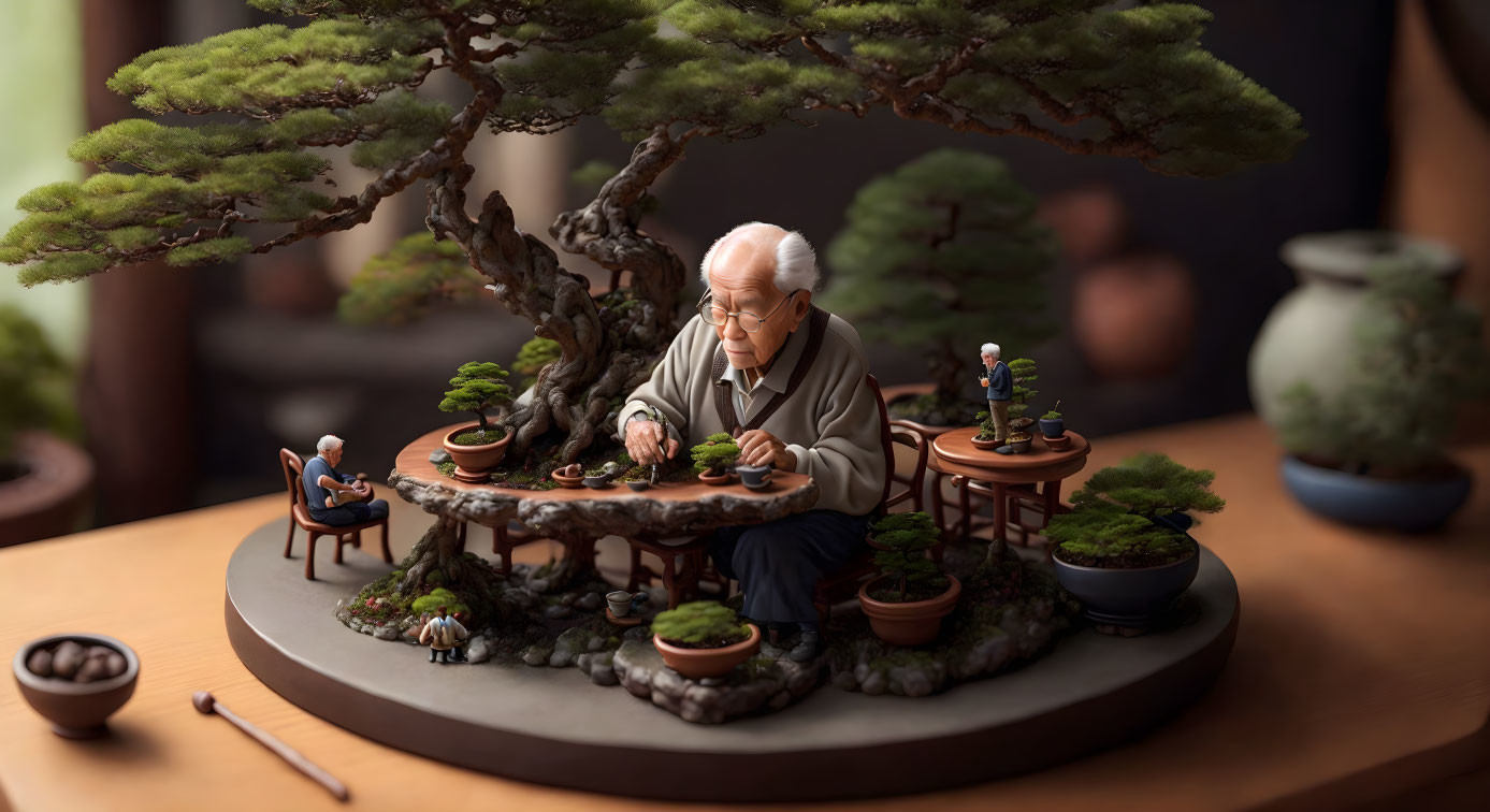 Elderly person caring for bonsai tree with miniatures in serene scene