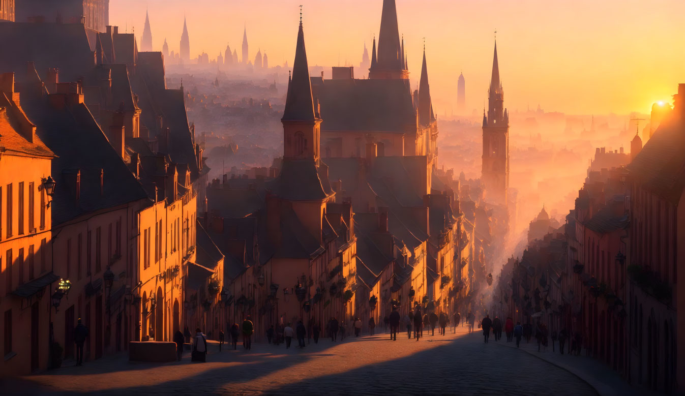 Historic European city street at sunrise with golden light and strolling people