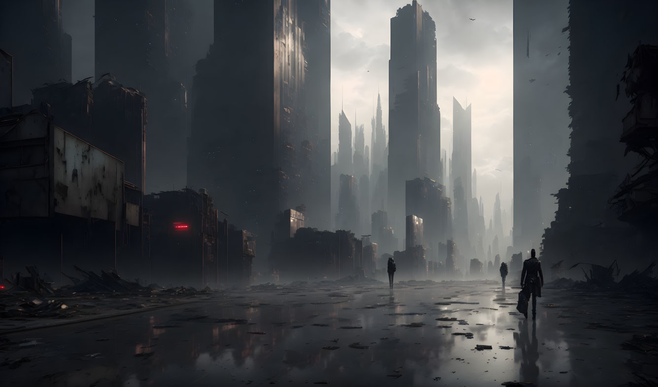 Dark Dystopian Cityscape with Skyscrapers and Silhouettes