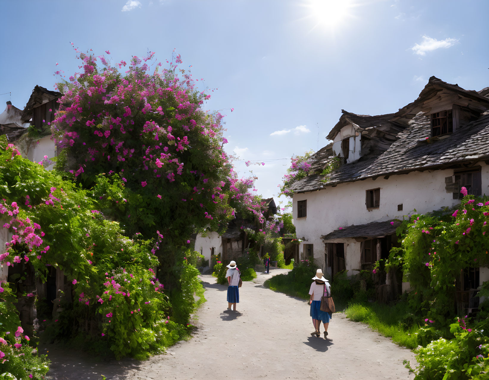 Village path with blooming pink flowers and white houses under blue sky