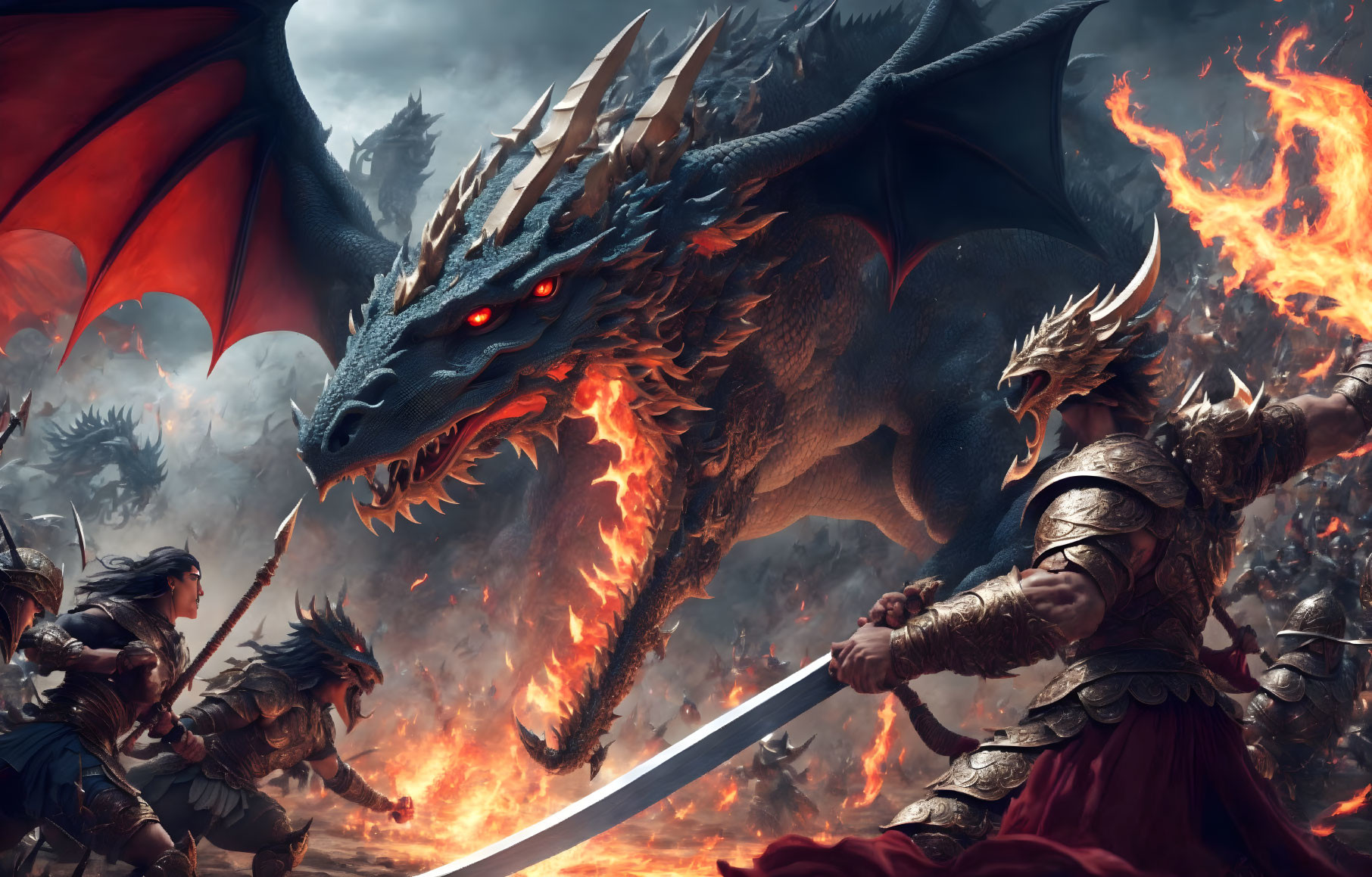 Armored warriors in chaotic battle with fierce dragon breathing fire