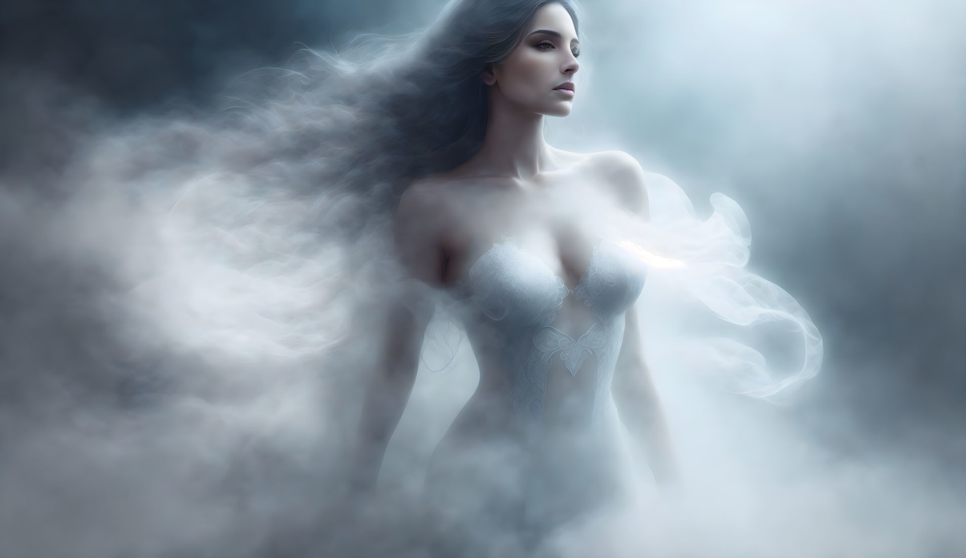 Mystical woman digital artwork with flowing hair and ethereal fog.