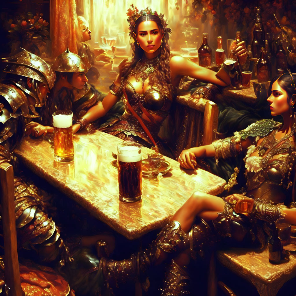 Opulent feast scene with armored woman and warriors in golden setting