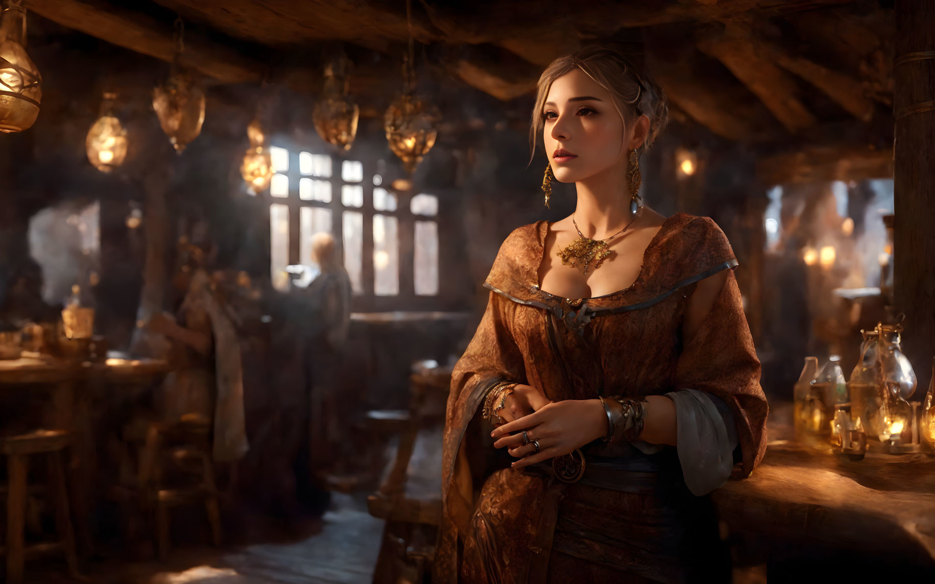 Medieval tavern scene: Woman in orange gown with gold jewelry, contemplating rustic setting.