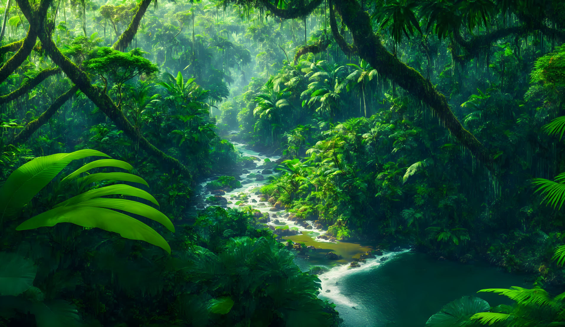 Tropical Rainforest with Dense Foliage and Meandering River