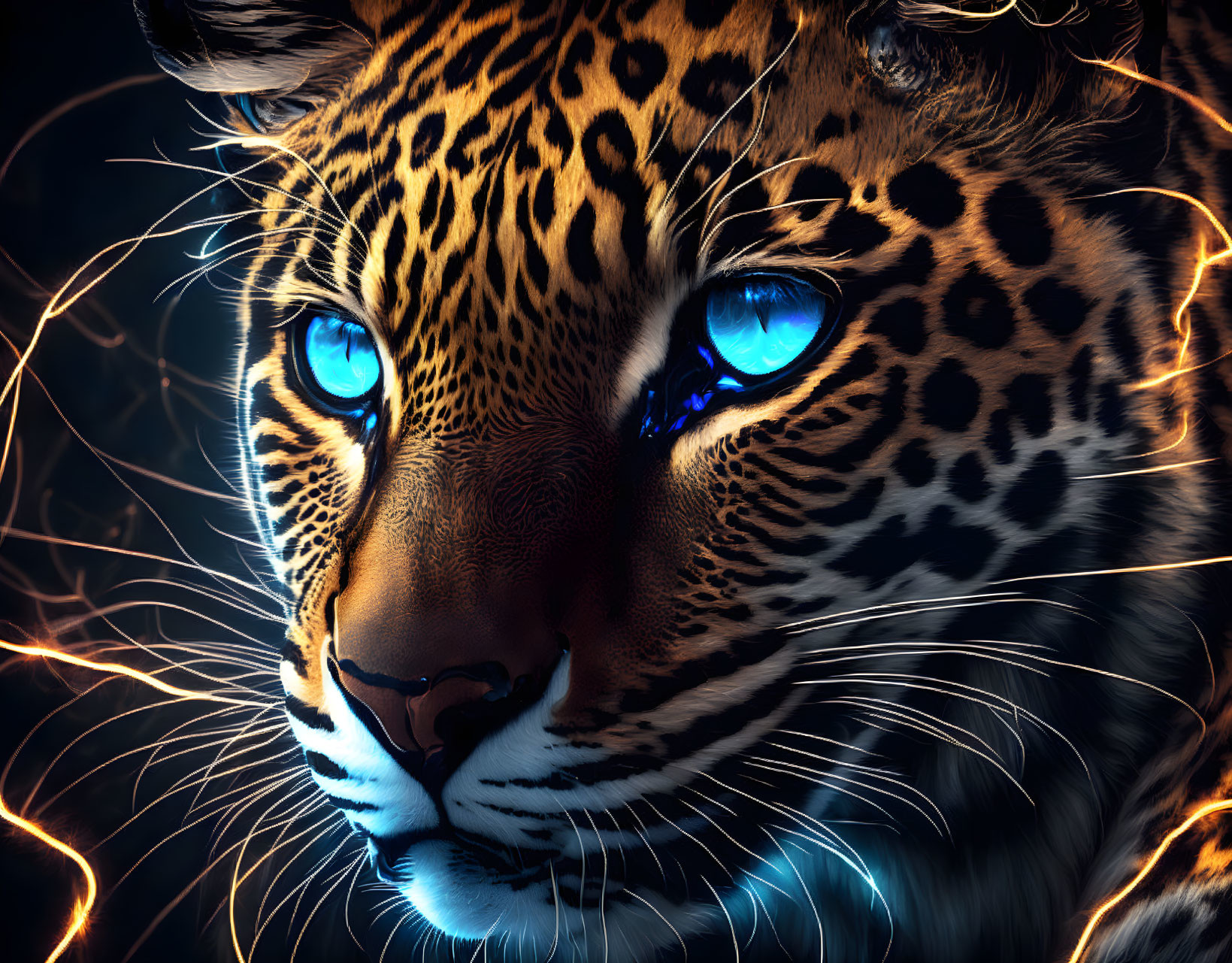 Close-up of leopard with blue eyes & electric tendrils on dark background