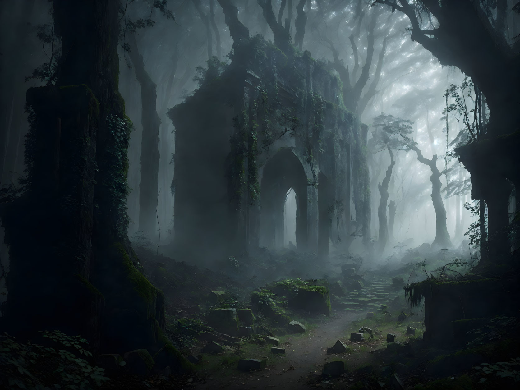 Mysterious fog-filled forest with ancient ruins and towering trees