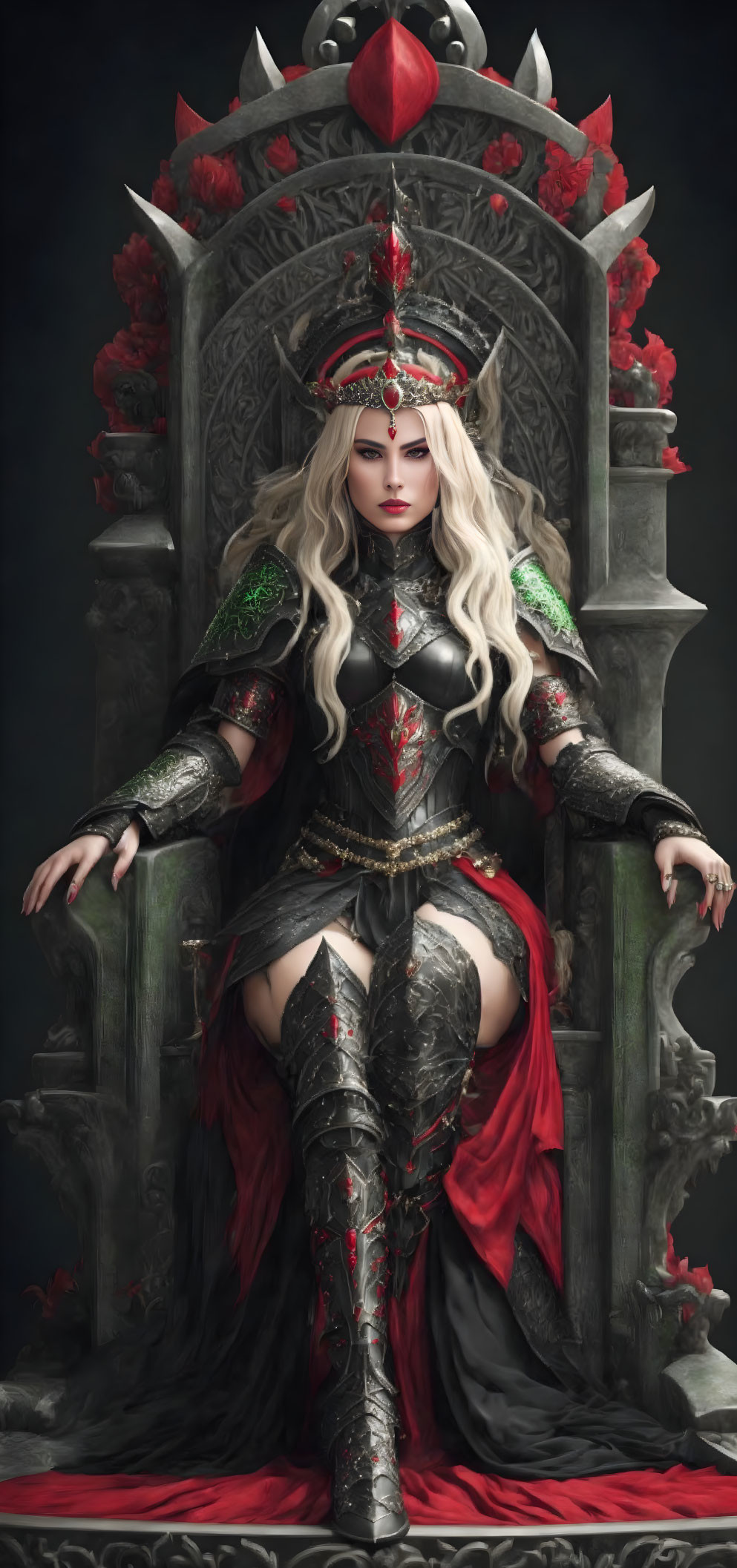 Regal woman in white hair on ornate throne in red and silver armor