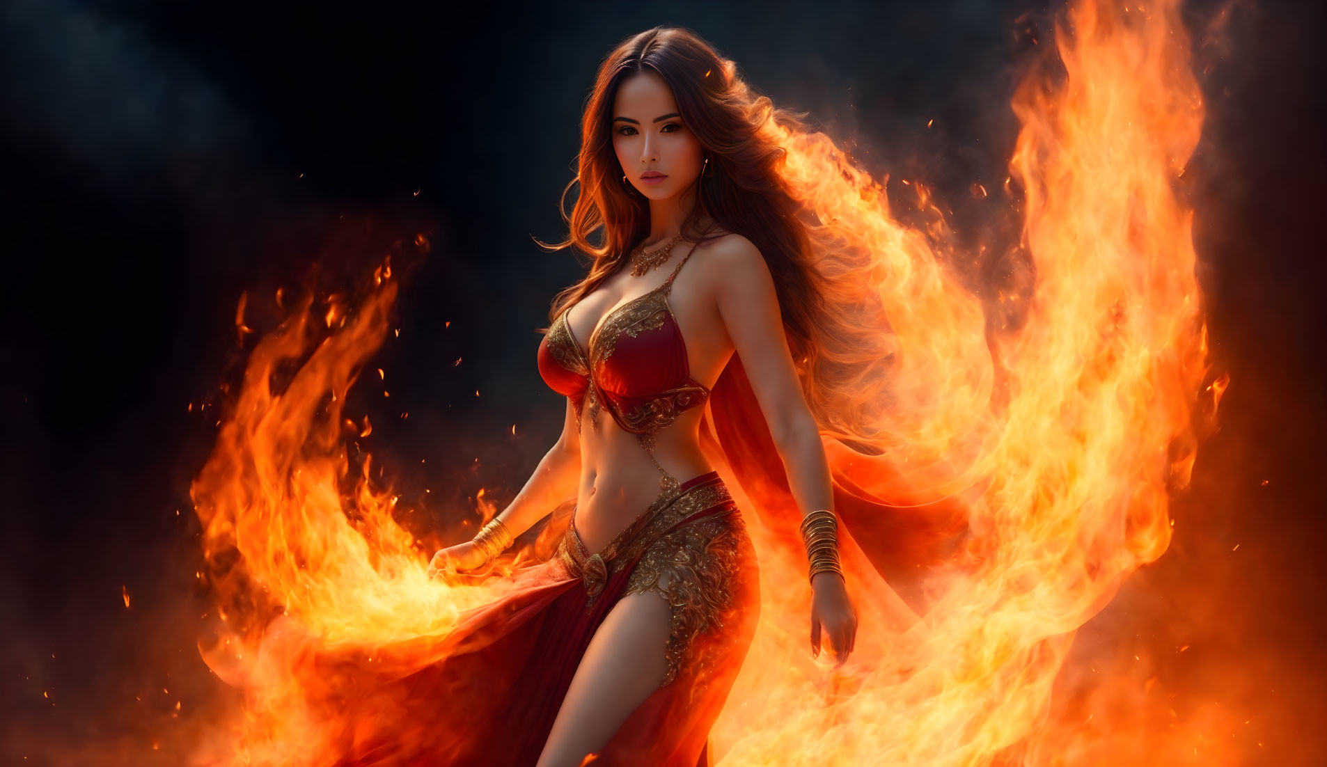 Fantasy digital artwork of woman with long hair in red and gold outfit surrounded by flames