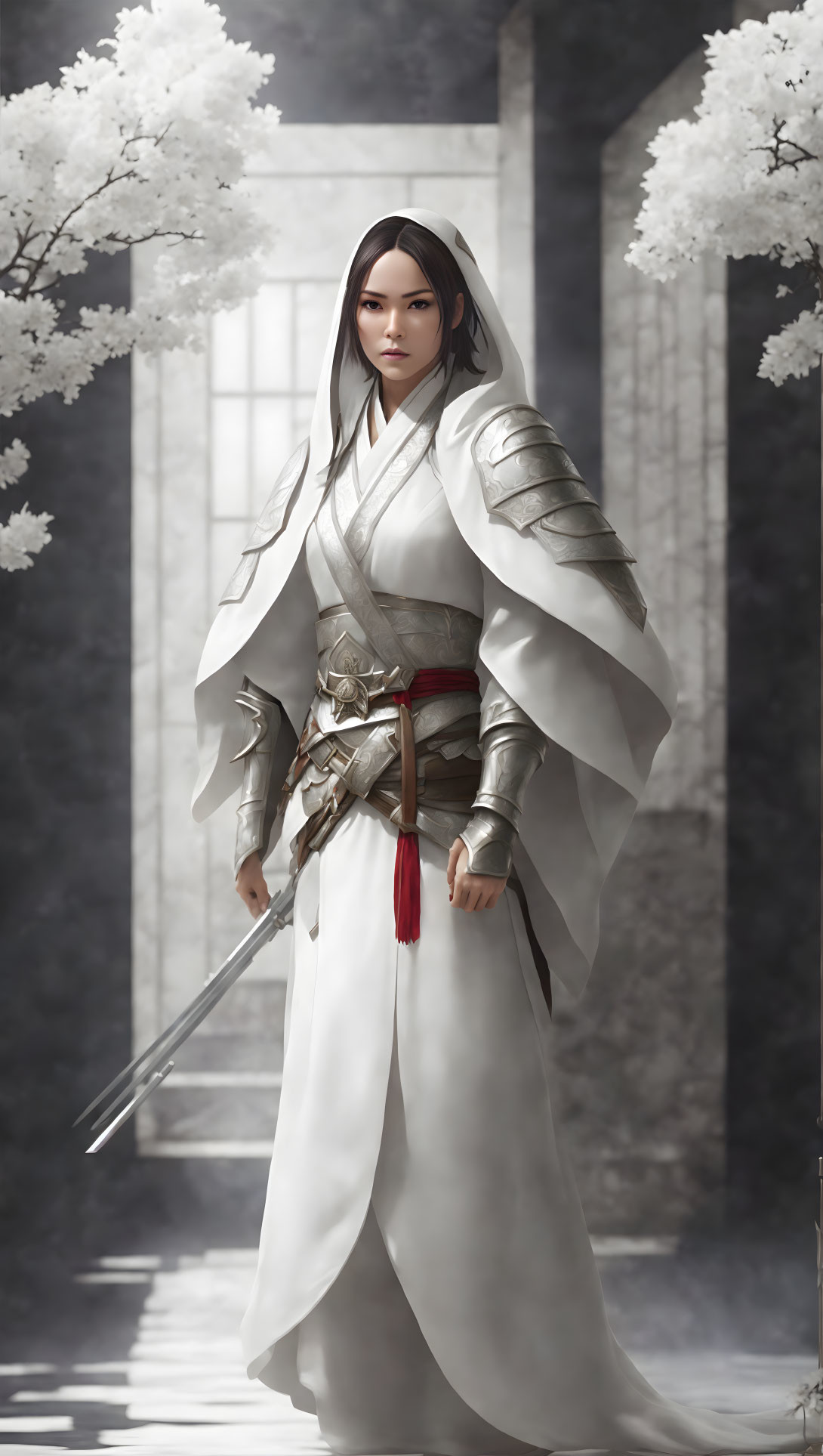 Traditional Asian warrior woman with sword in cherry blossom setting