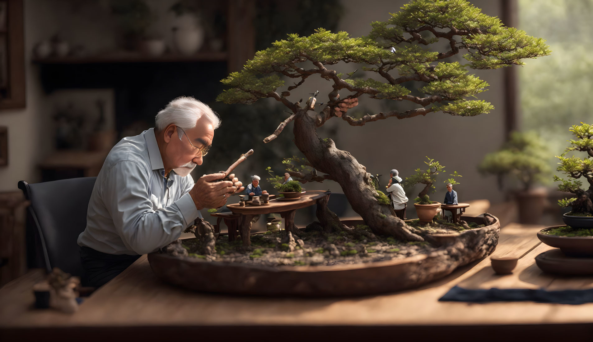 Elderly person trimming bonsai tree in serene setting