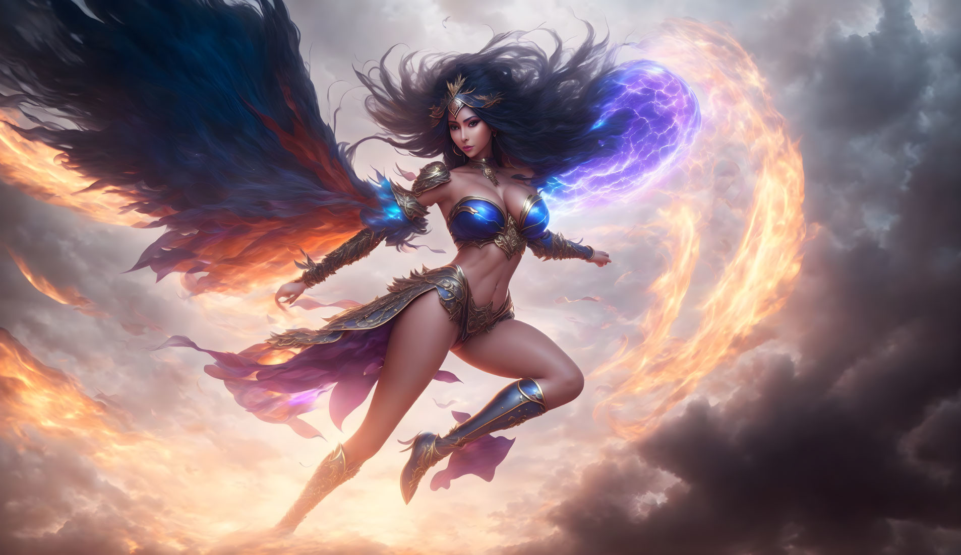 Female warrior in celestial armor with wings, wielding energy in dramatic sky.