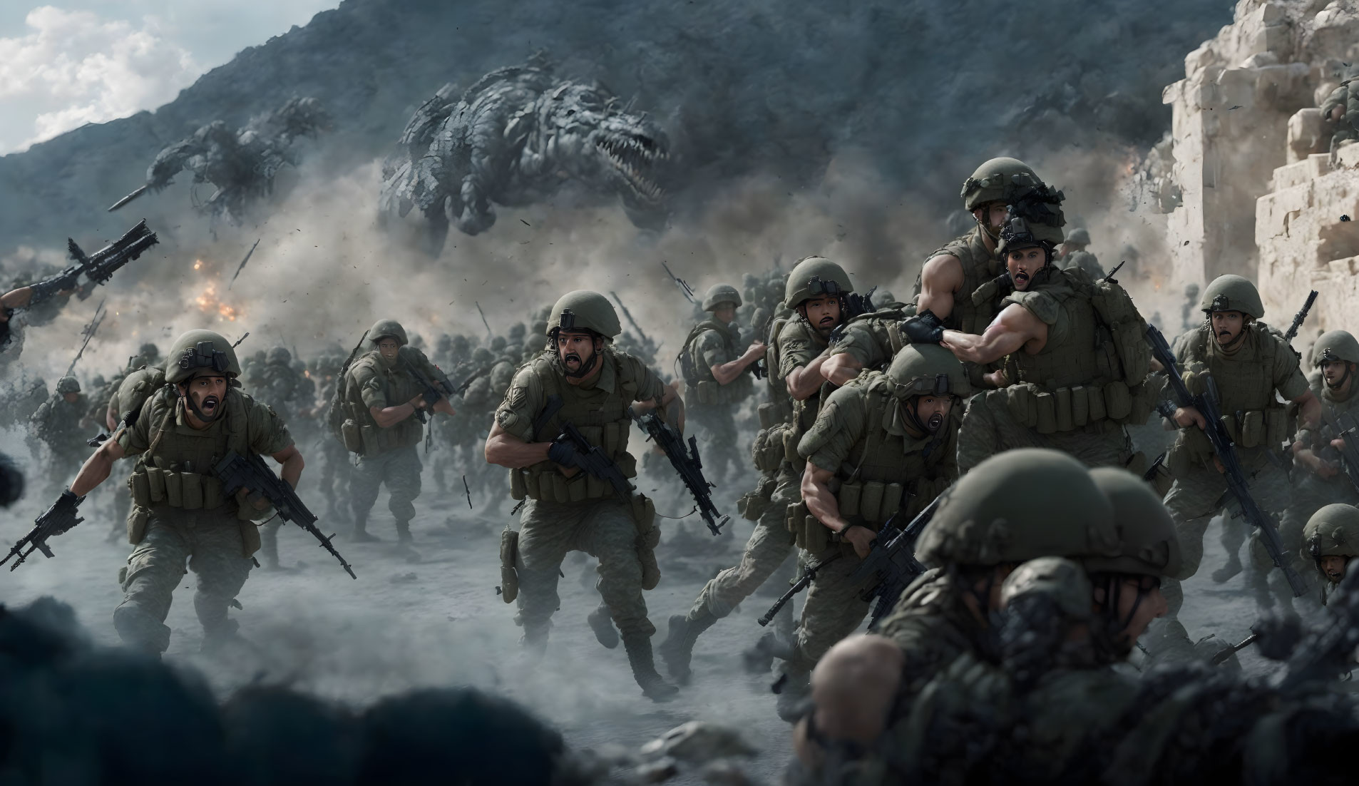 Soldiers in combat gear face monstrous creature in chaotic battlefield