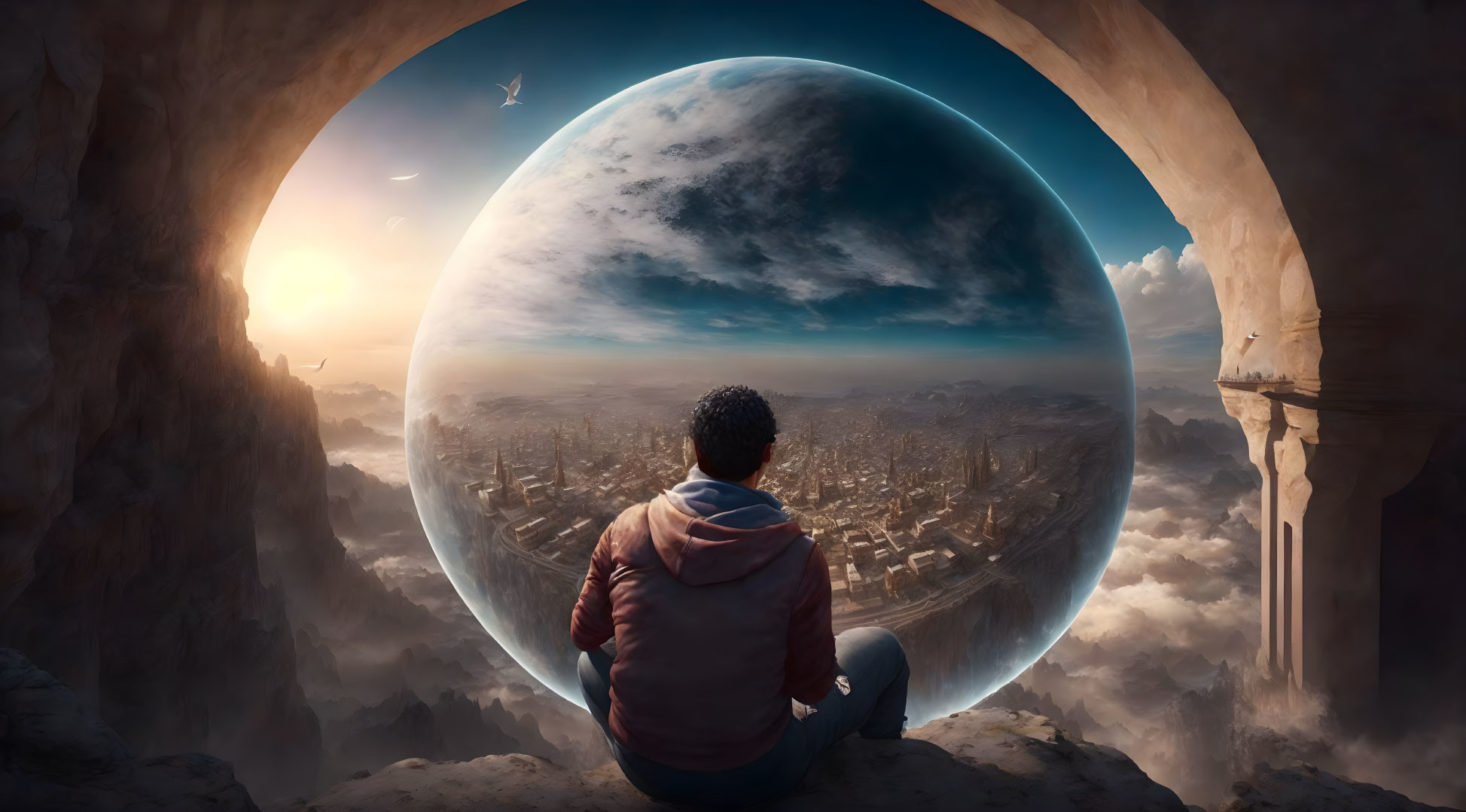 Person sitting in cave overlooking futuristic city in sphere with dramatic sky