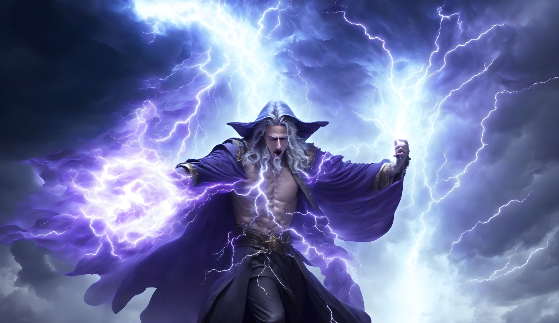 White-haired wizard in purple cloak casting lightning spell.