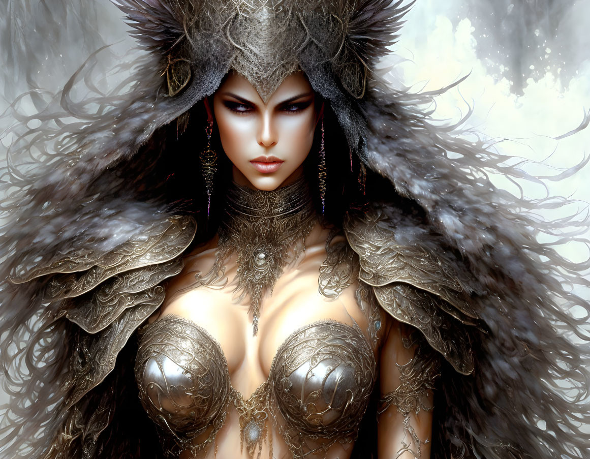 Warrior woman with feathered headdress and metal armor in misty background