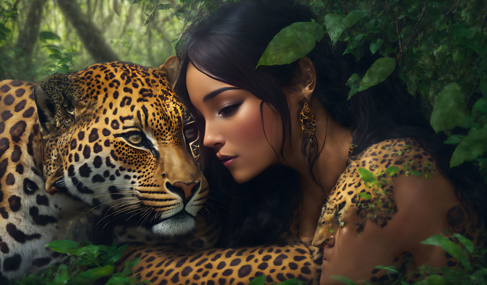 Woman with leopard-like body paint resting head on jaguar in lush green foliage