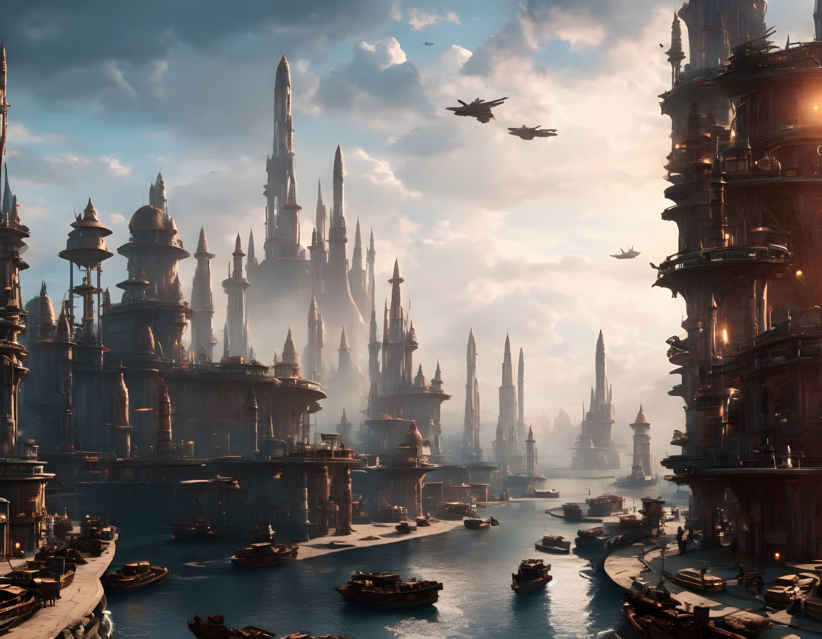 Futuristic cityscape with towering spires and flying vehicles