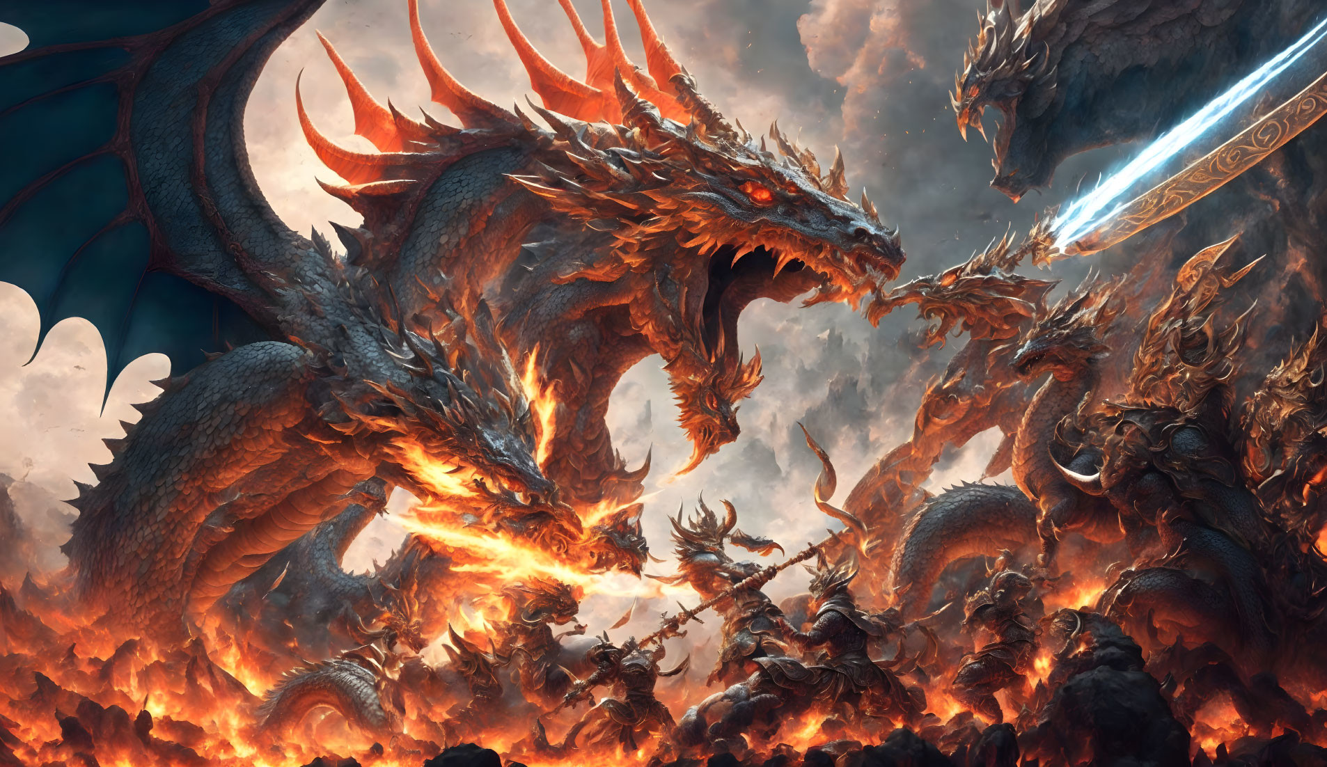 Dragon breathing fire confronted by figure with glowing sword in battle scene