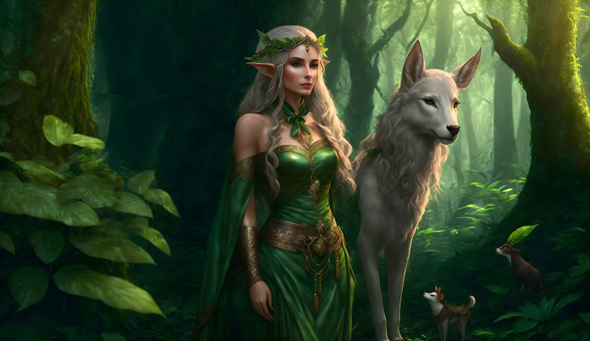 Ethereal woman in green gown with leaf crown in forest with wolves