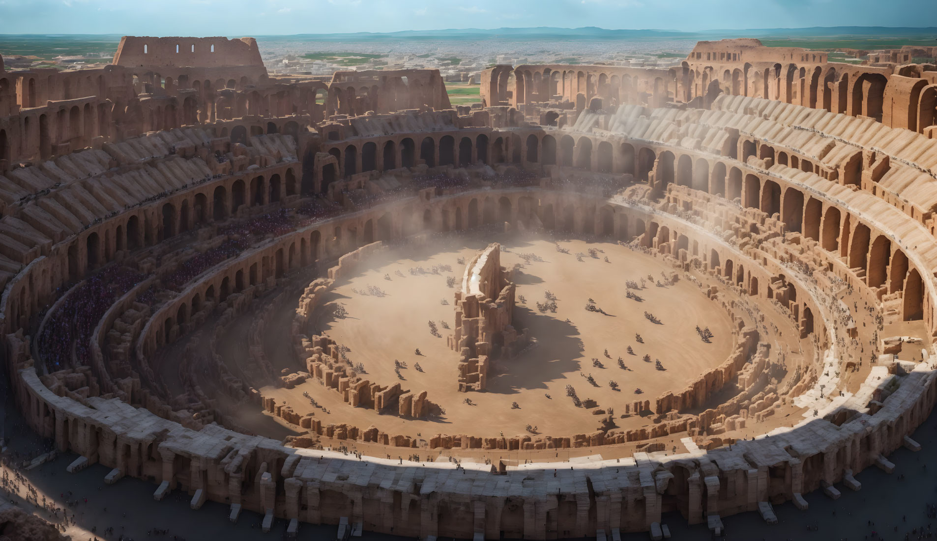 Ruined ancient Roman amphitheater with arches and sandy arena