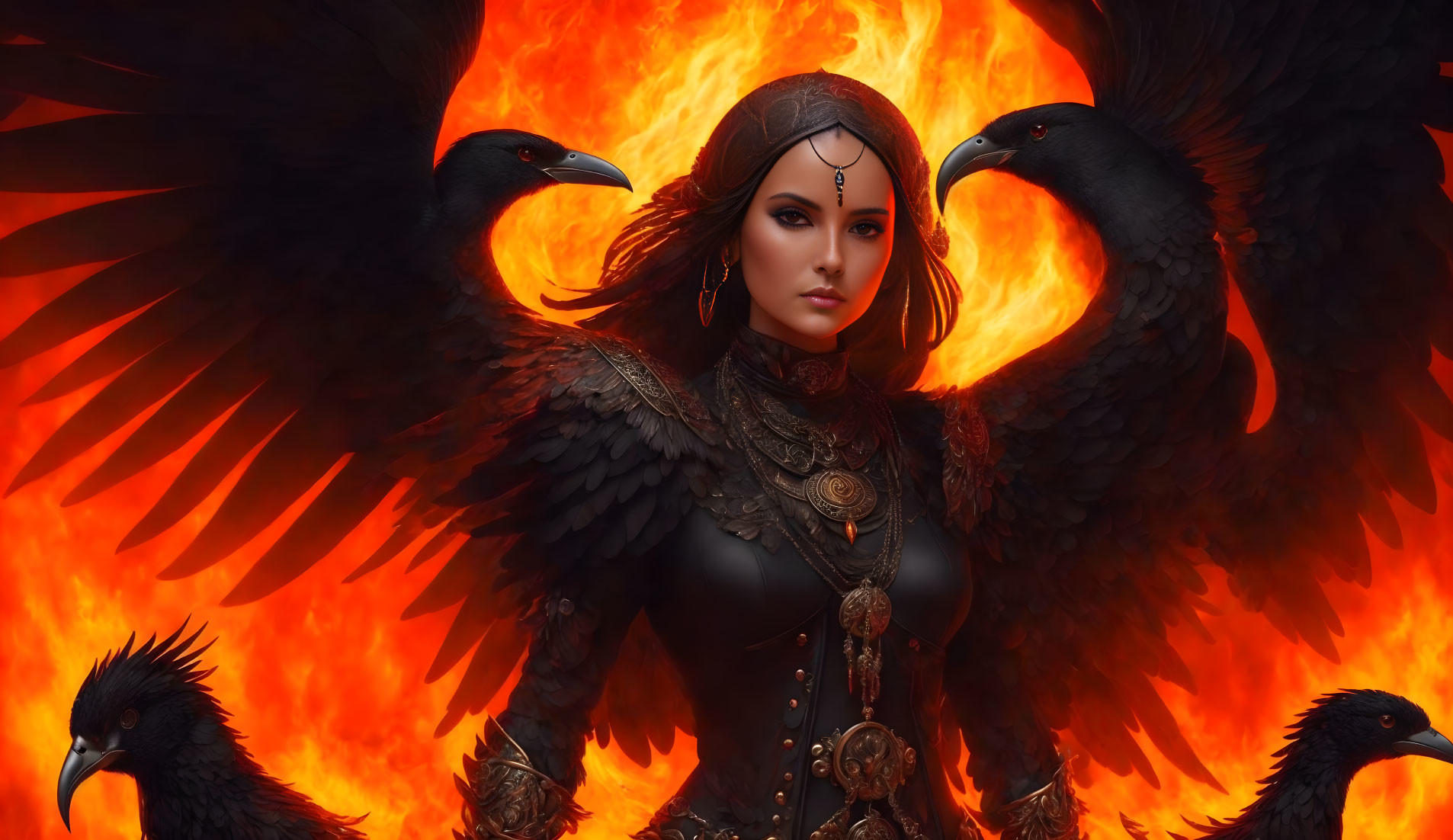 Fantasy-themed digital artwork: Woman in feathered armor with black ravens on fiery background