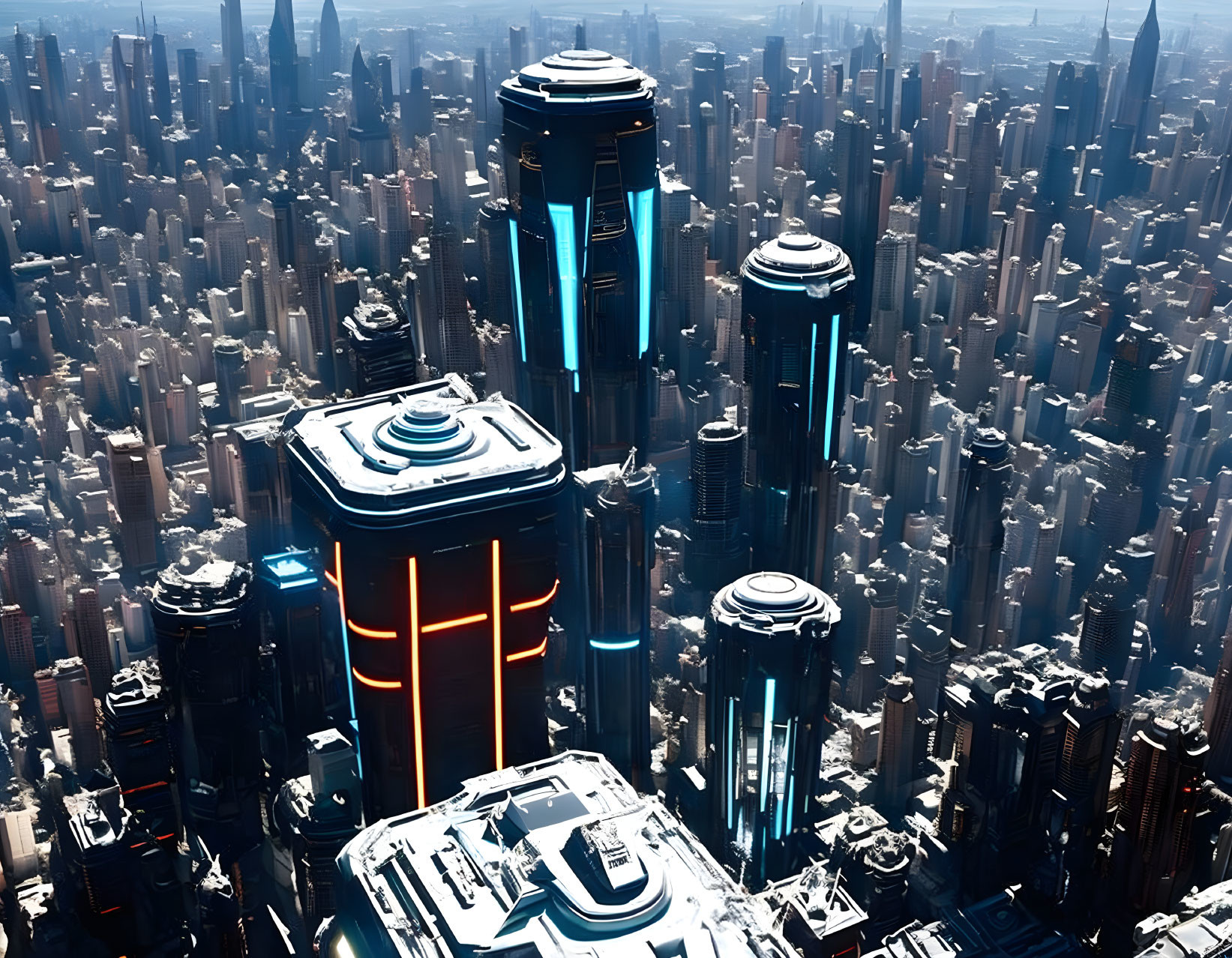 Futuristic cityscape with towering skyscrapers and blue & orange lights