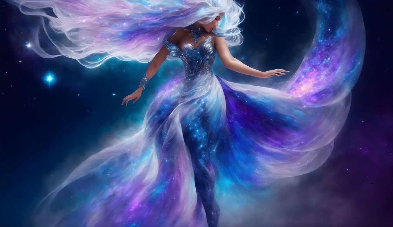 Woman with Celestial Hair and Dress in Starry Space