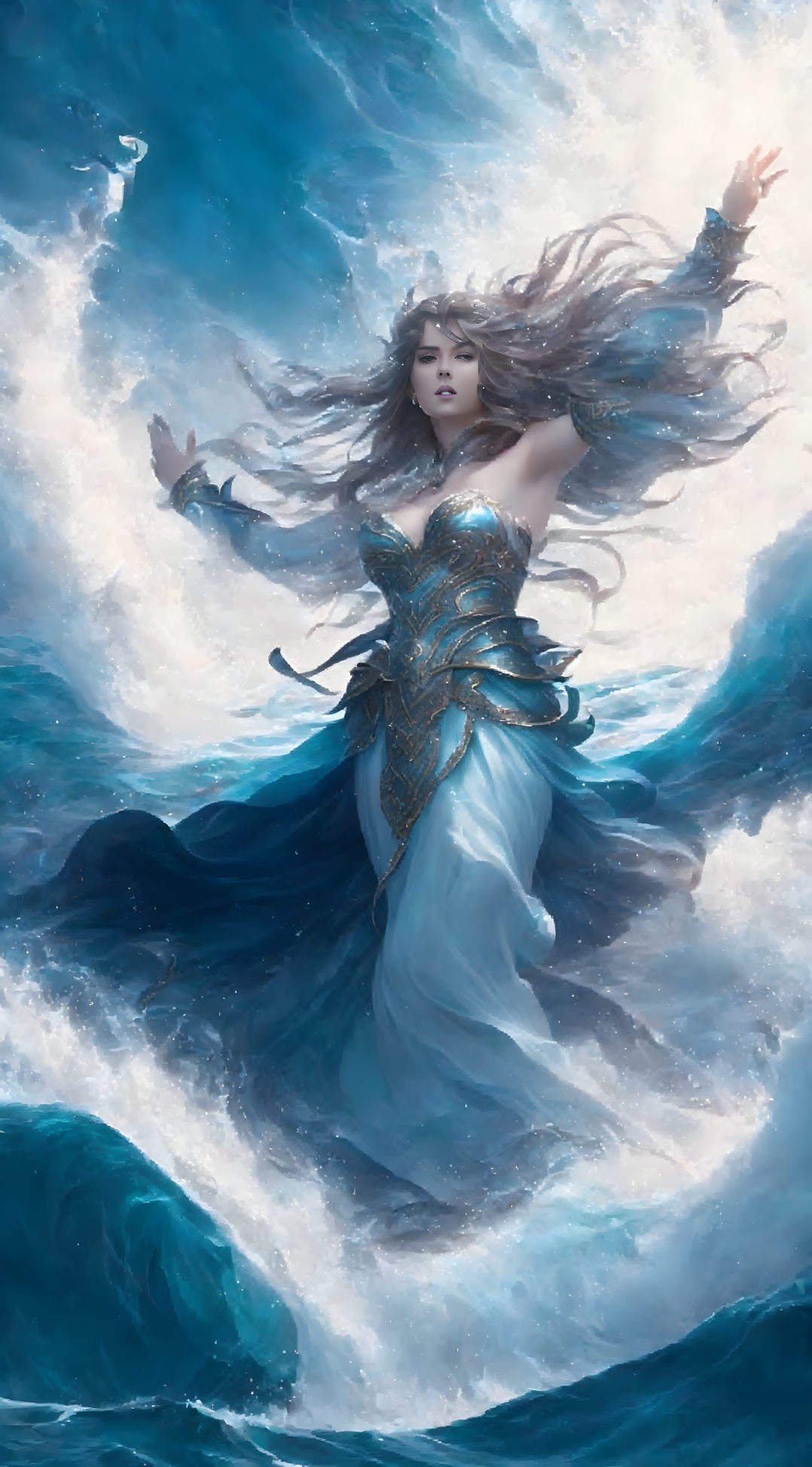 Mystical woman in flowing gown emerges from turbulent ocean waves