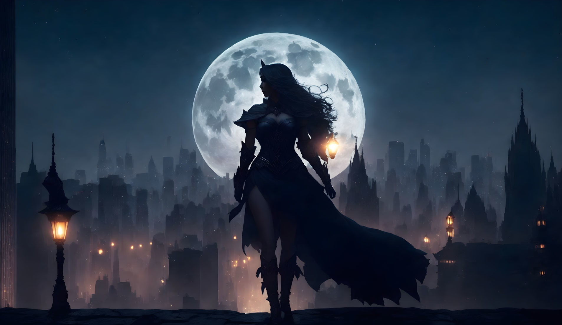 Silhouette of woman with flowing hair and cape under full moon holding glowing orb